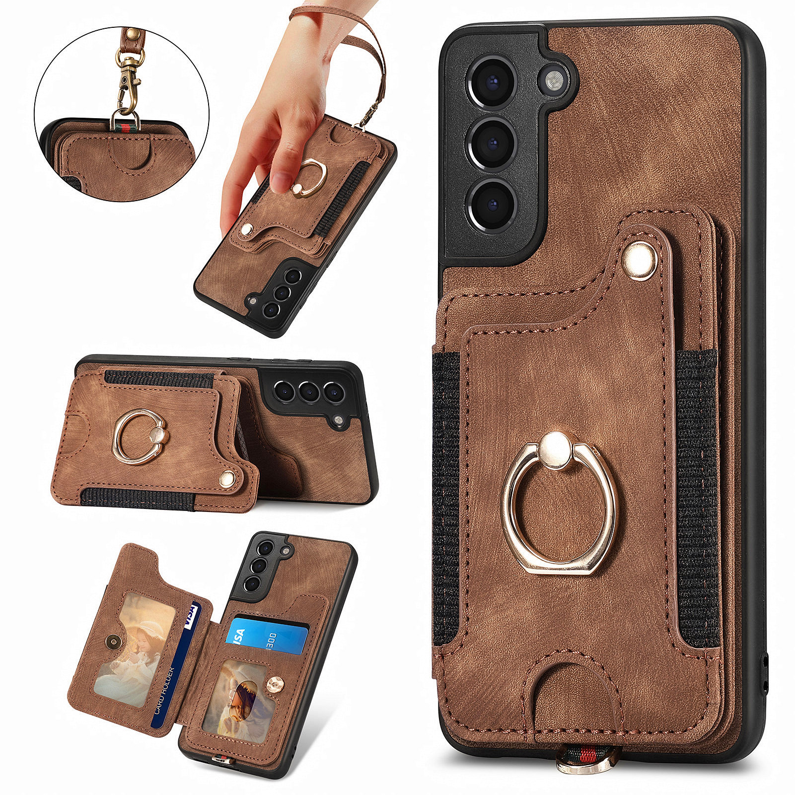 

Kickstand -cover Für Samsung Galaxy S21 4G / 5G PU Lederbeschichtete PC+TPU RFID Blocking Card Slots Telefonhülle - Braun, Galaxy S21 4G