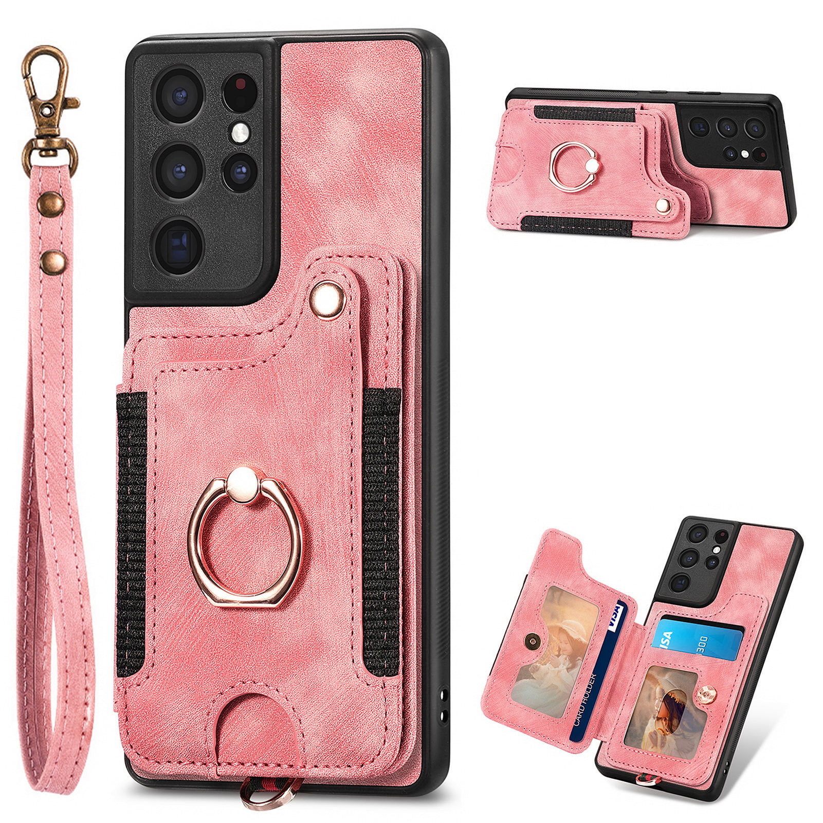 

Für Samsung Galaxy S21 Ultra 5G RFID -blockierungskartenhalter -telefonabdeckung PU -leder -pc+tpu -kickstand Hülle - Rosa, Galaxy S21 Ultra 5G