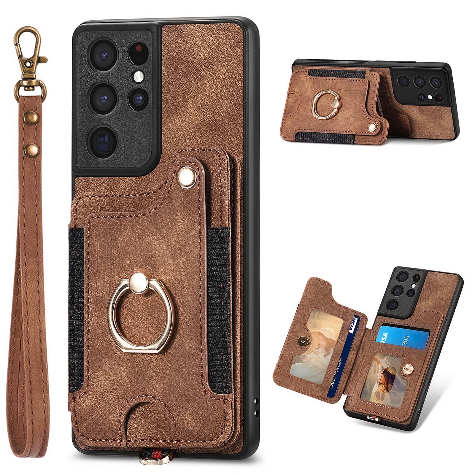 

Für Samsung Galaxy S21 Ultra 5G RFID -blockierungskartenhalter -telefonabdeckung PU -leder -pc+tpu -kickstand Hülle - Braun, Galaxy S21 Ultra 5G