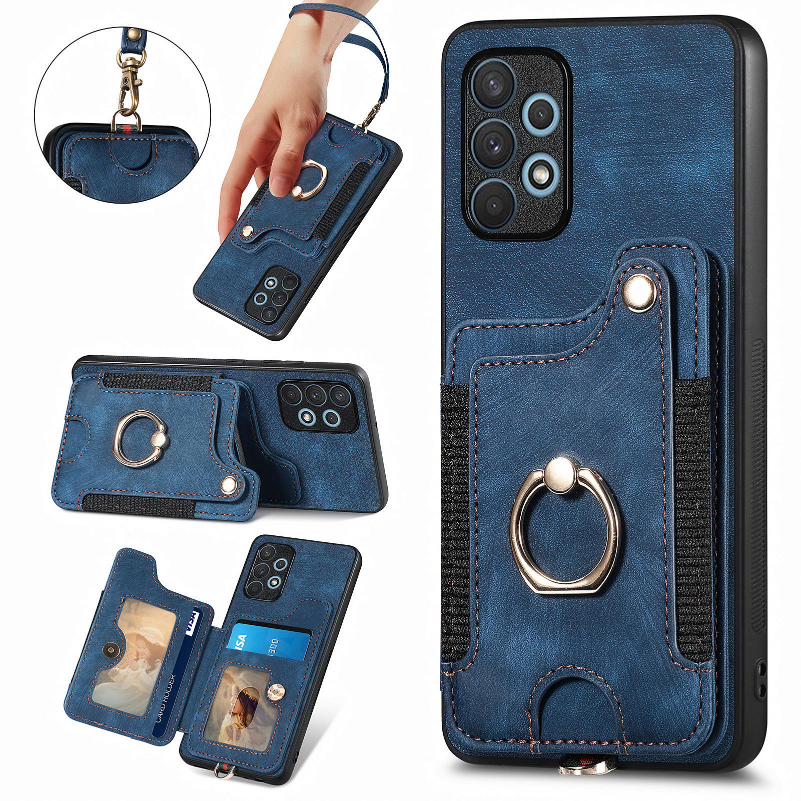

Für Samsung Galaxy A32 4G (eu-version) Rfid-blockierungskartenhalter-telefonabdeckung PU Leder+pc+tpu Kickstand Anti-drop-hülle - Dunkelblau, Samsung Galaxy A32 4G (EU Version)