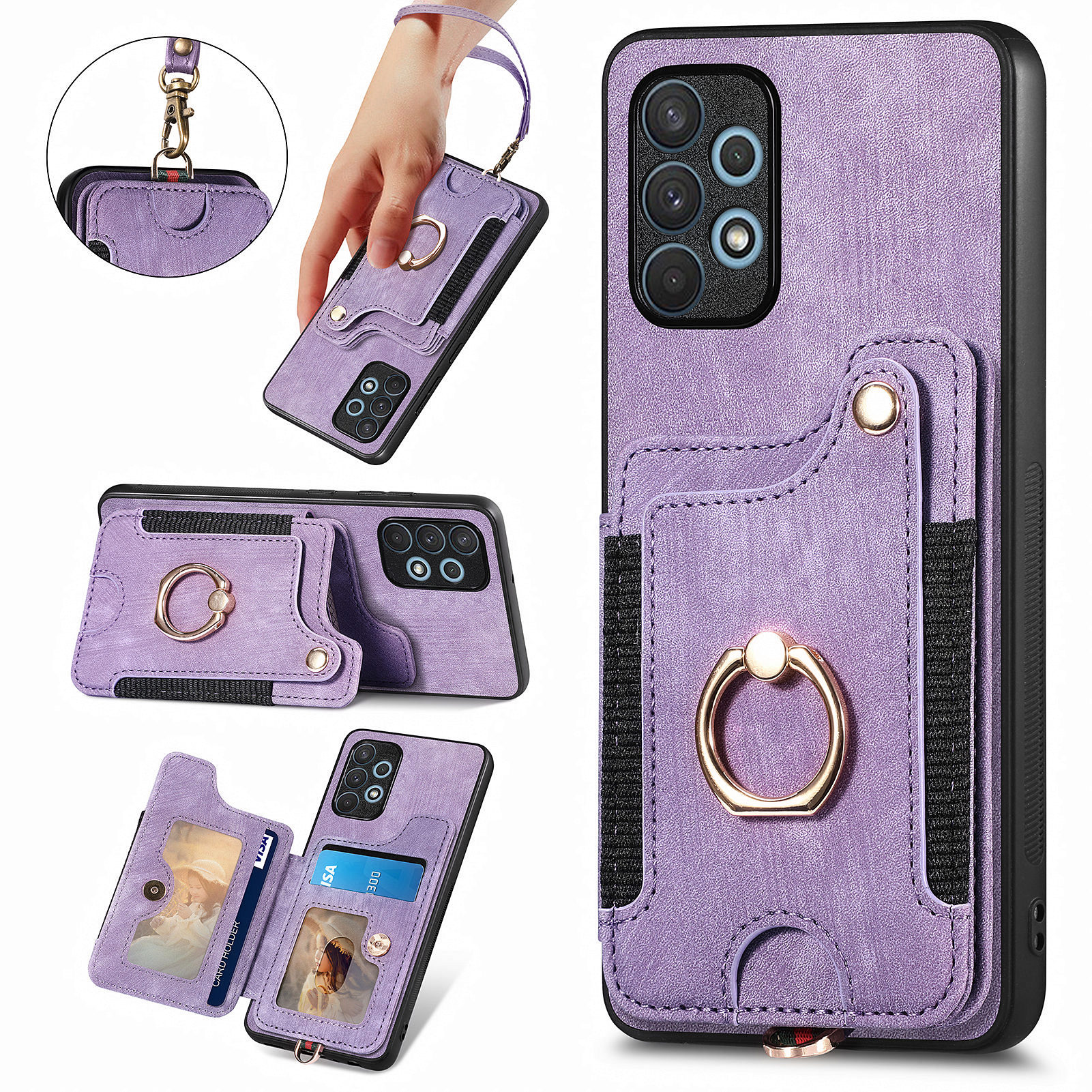 

Für Samsung Galaxy A32 4G (eu-version) Rfid-blockierungskartenhalter-telefonabdeckung PU Leder+pc+tpu Kickstand Anti-drop-hülle - Lila, Samsung Galaxy A32 4G (EU Version)