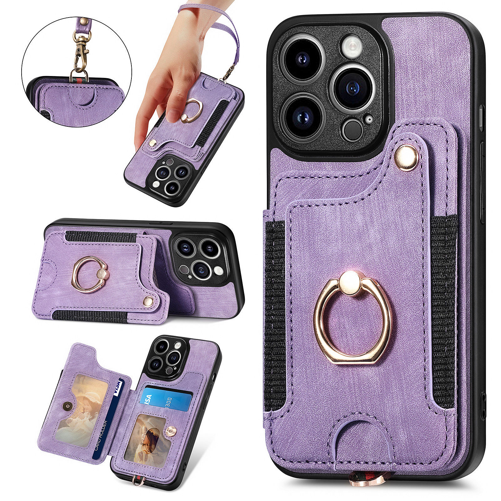 

Bump Proof Cover Für Iphone 14 Pro RFID Blocking Card Halter PU Leder+pc+tpu Kickstand Telefonhülle - Lila, iPhone 14 Pro