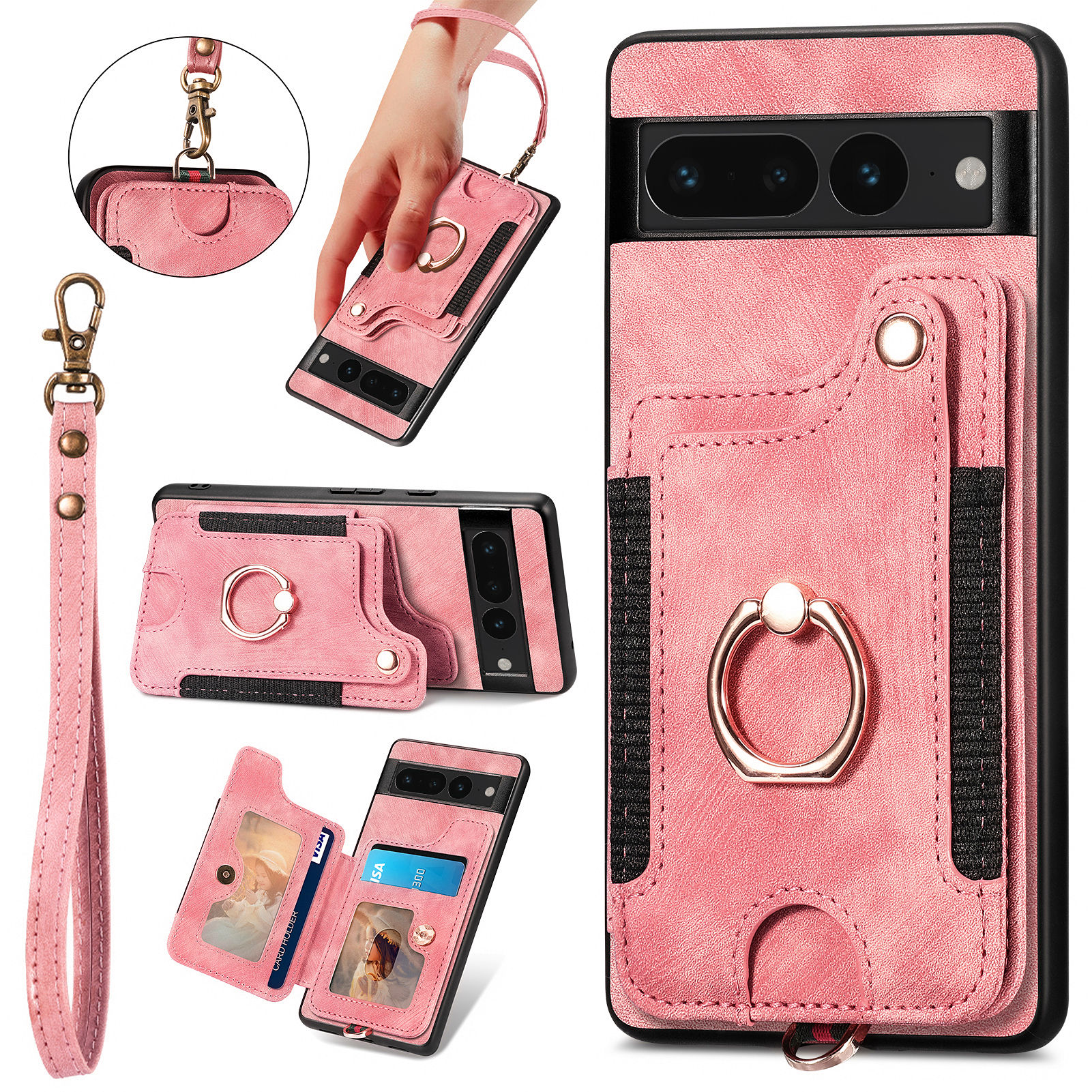 

RFID -blockierungscover Für Google Pixel 7 Pro 5G -kartenhalter PU Leder+pc+tpu Kickständer Telefonhülle - Rosa, Google Pixel 7 Pro 5G