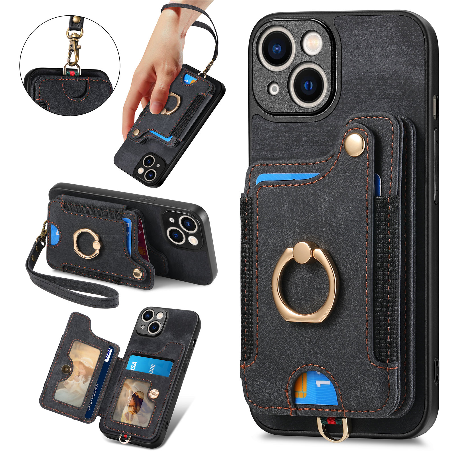 

RFID -blockierungsabdeckung Für Iphone 13 6,1 Zoll Kartenhalter Handy PU Leder+pc+tpu Kickstand Hülle - Schwarz, iPhone 13