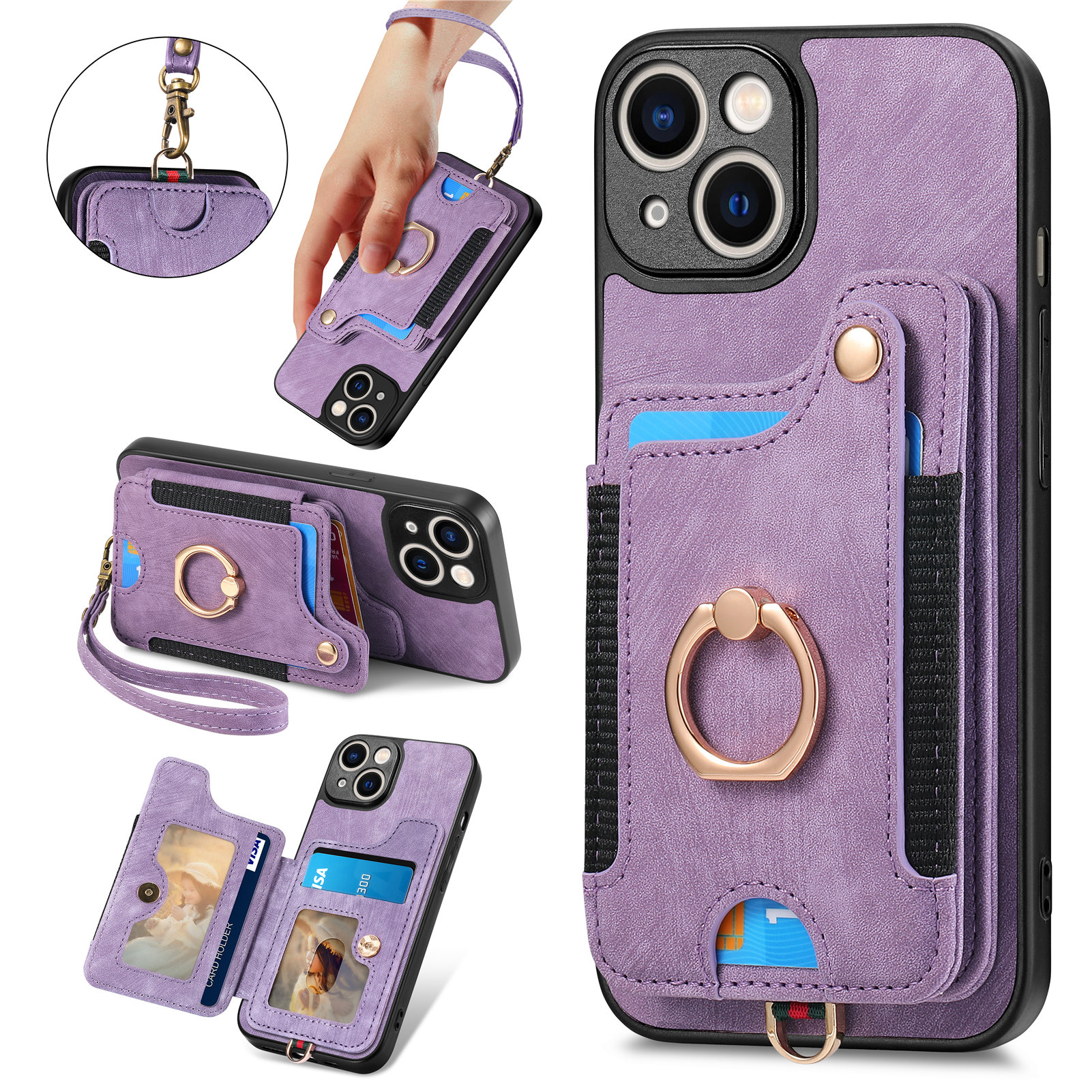 

RFID -blockierungsabdeckung Für Iphone 13 6,1 Zoll Kartenhalter Handy PU Leder+pc+tpu Kickstand Hülle - Lila, iPhone 13