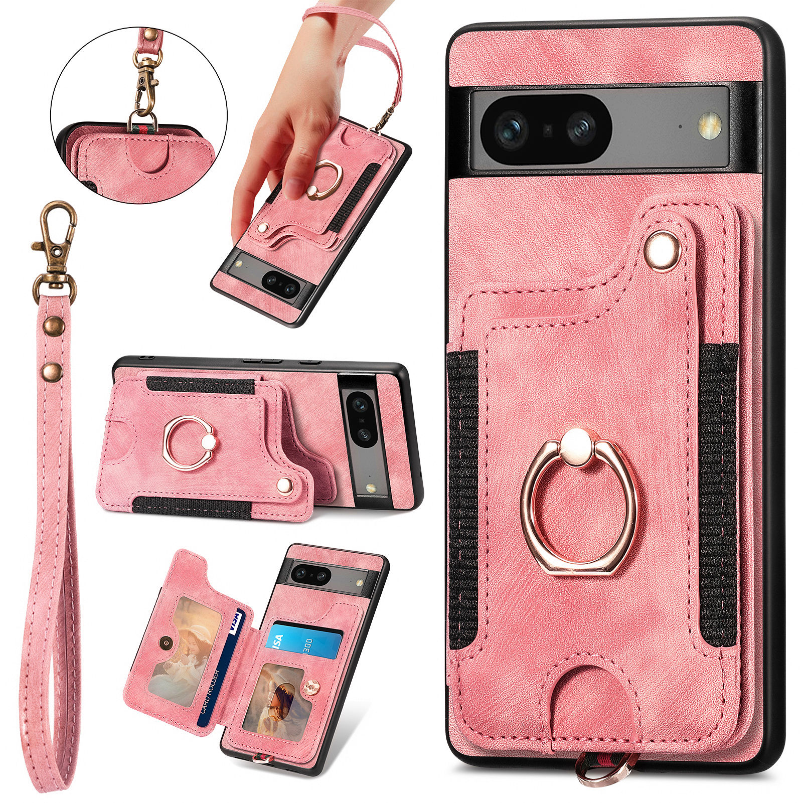 

Für Google Pixel 7 5G PU Leder+pc+tpu -kickstand -handy -karten -karten -slot RFID -blockierungsabdeckung - Rosa, Google Pixel 7 5G