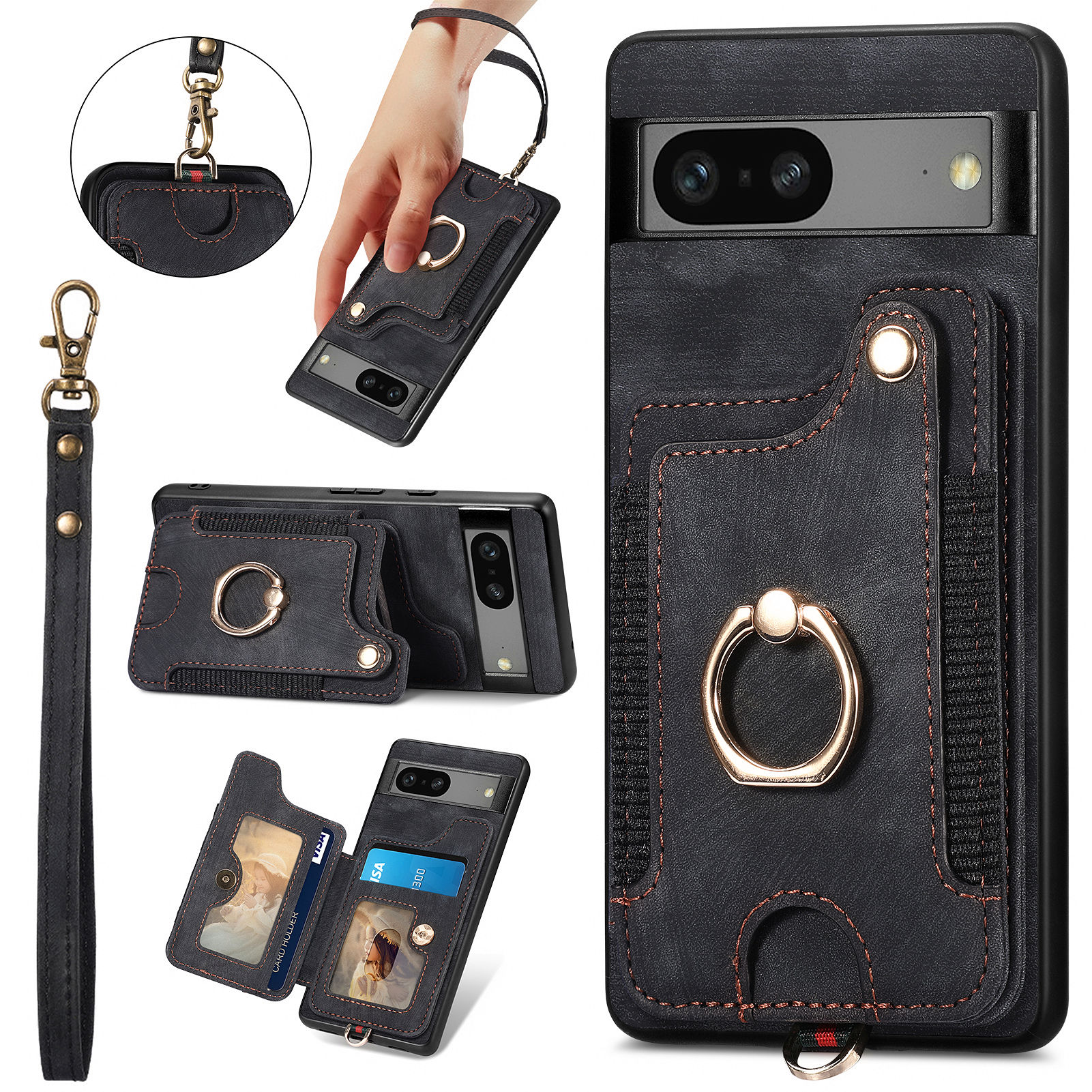 

Für Google Pixel 7 5G PU Leder+pc+tpu -kickstand -handy -karten -karten -slot RFID -blockierungsabdeckung - Schwarz, Google Pixel 7 5G