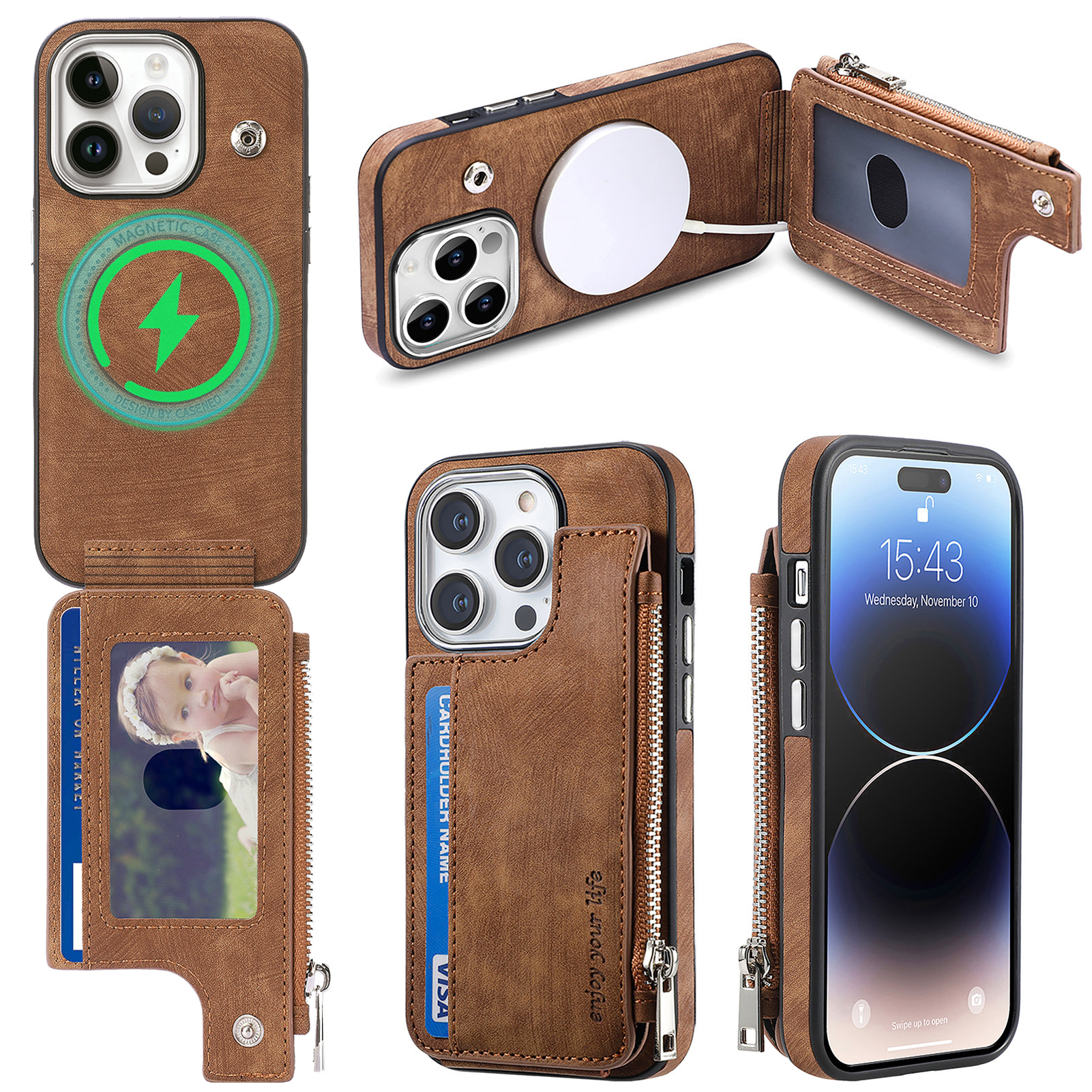

Magnetische Telefonhülle Für Iphone 14 Pro Schockfeste Reißverschluss Brieftasche Telefonabdeckung PU Leder TPU Telefonschale - Braun, iPhone 14 Pro