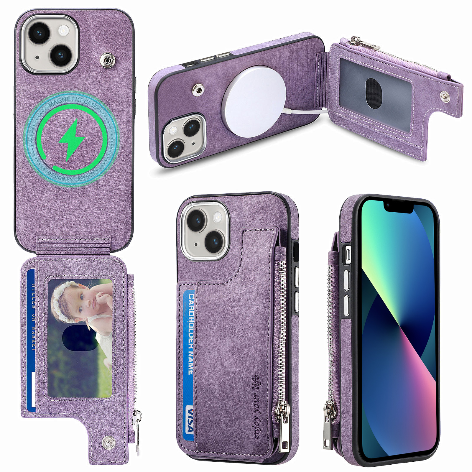 

Für Das Iphone 13 6,1 Zoll Wallet Kickstand Hülle Stoßdämpfer PU Leder TPU Shell Magnetic Telefonabdeckung - Lila, iPhone 13