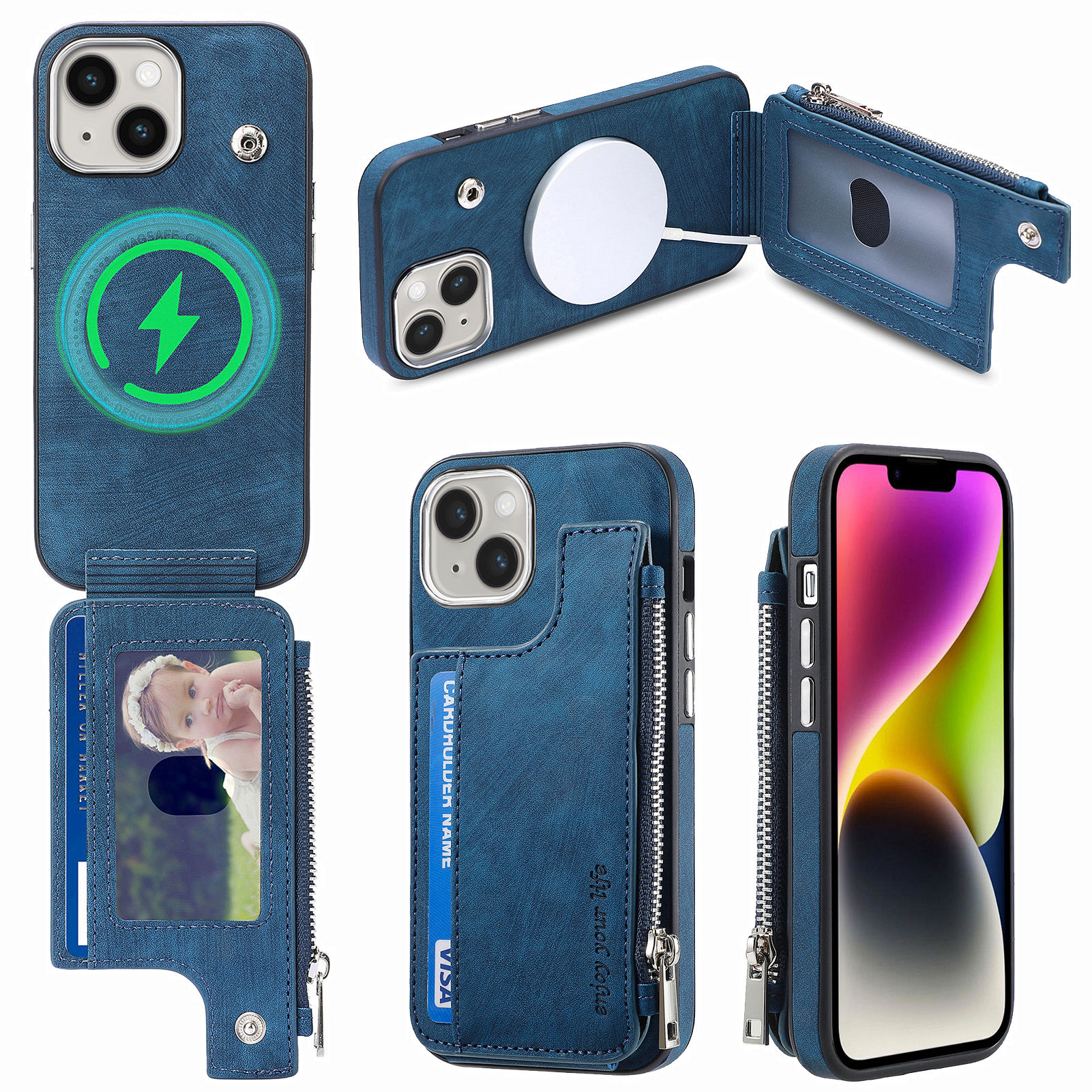 

Für Iphone 14 PU Leder Tpu-hülle Anti-kratzer Magnetische Telefonabdeckung Brieftet-kickstand-telefonhülle - Blau, iPhone 14