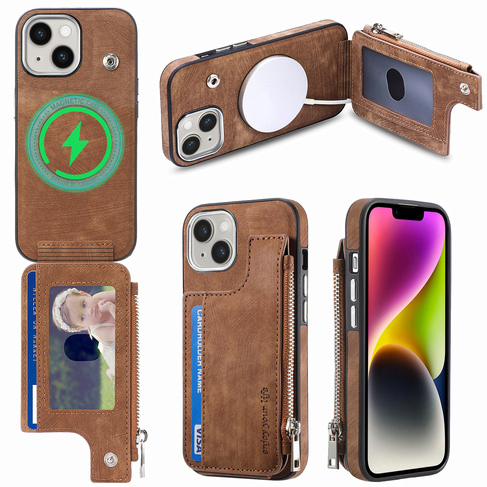 

Für Iphone 14 PU Leder Tpu-hülle Anti-kratzer Magnetische Telefonabdeckung Brieftet-kickstand-telefonhülle - Braun, iPhone 14