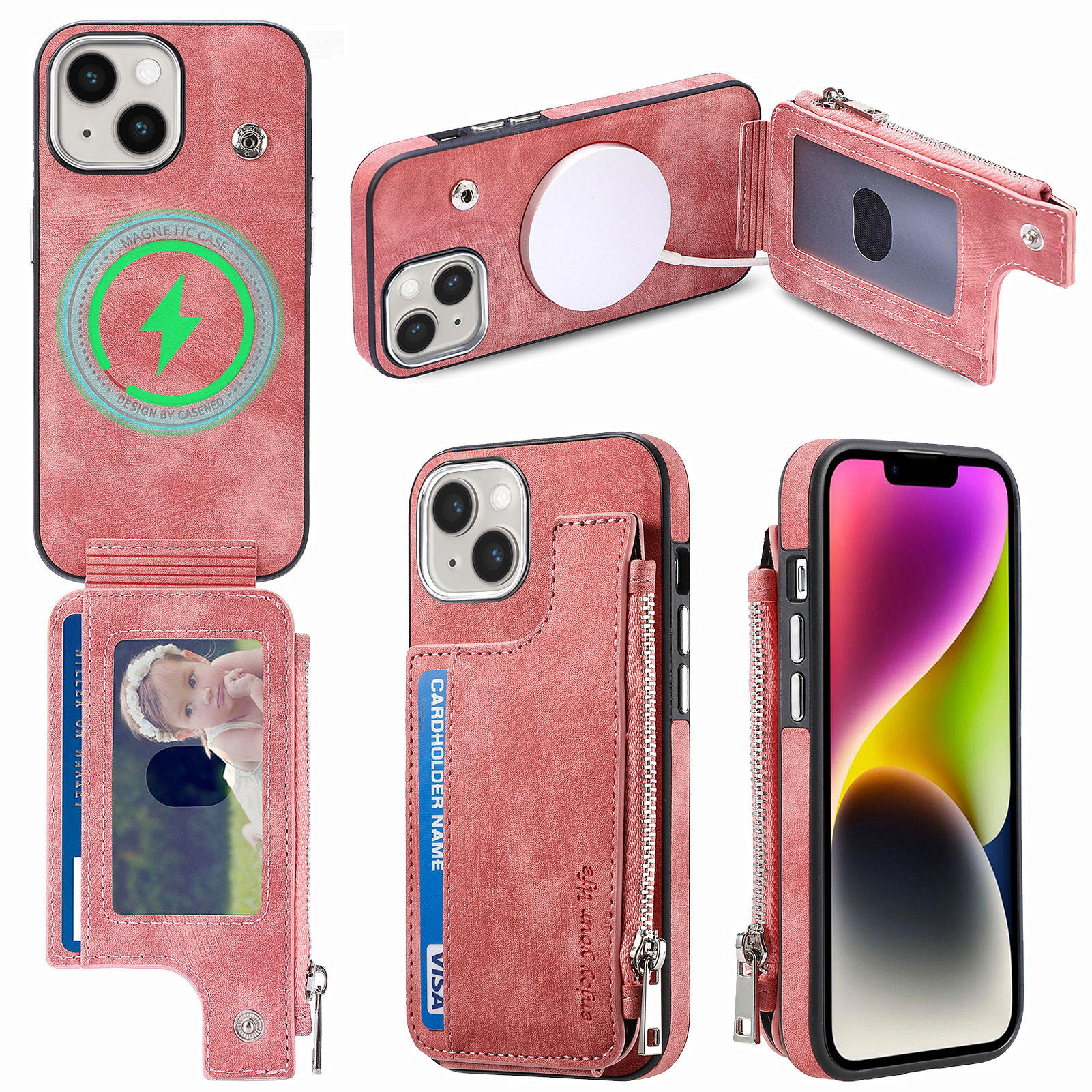 

Für Iphone 14 PU Leder Tpu-hülle Anti-kratzer Magnetische Telefonabdeckung Brieftet-kickstand-telefonhülle - Rosa, iPhone 14