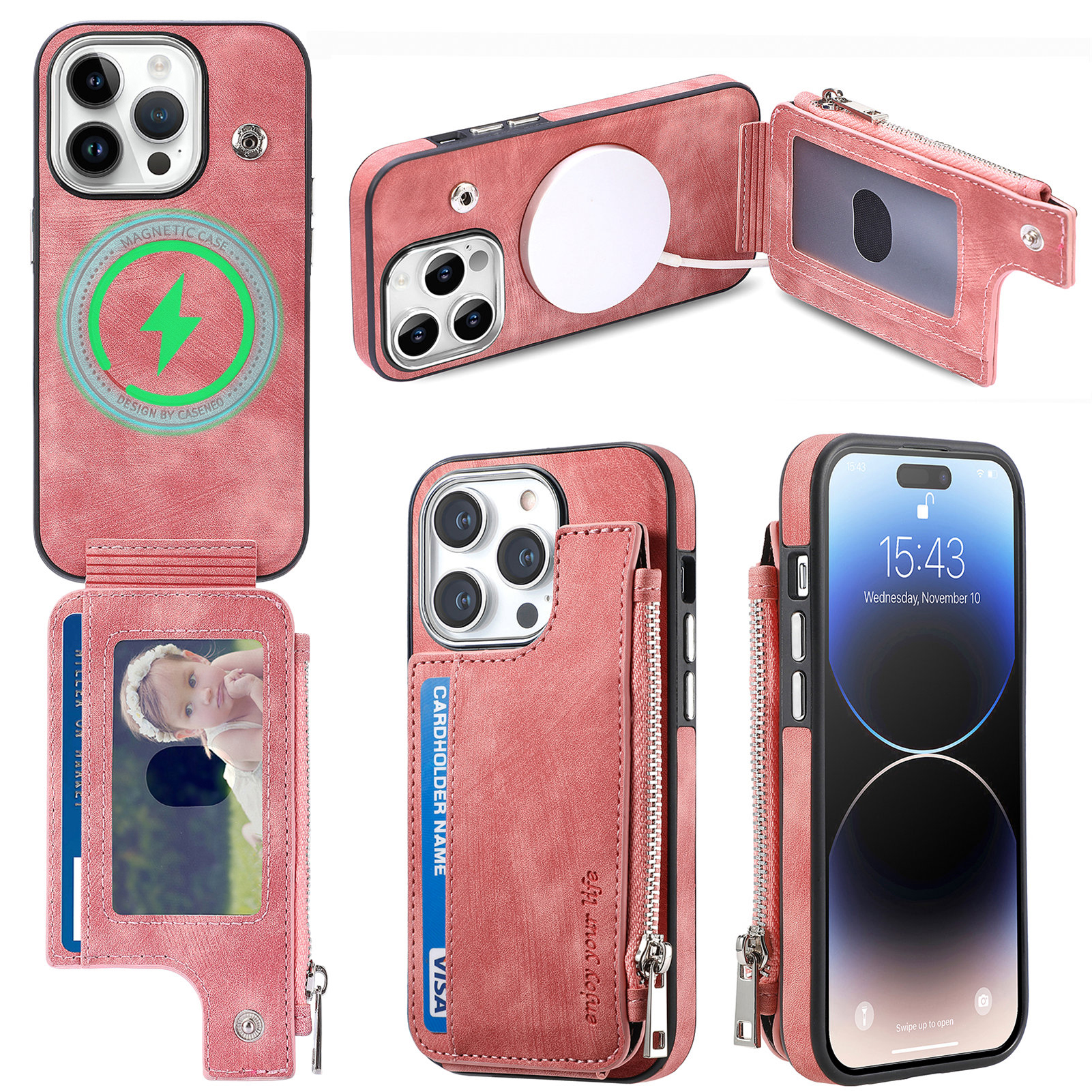 

Für Iphone 14 Pro Max Magnetic Phone Case Anti-Scratch Pu-leder-tpu-shell-brieftand-kickständer-telefonabdeckung - Rosa, iPhone 14 Pro Max