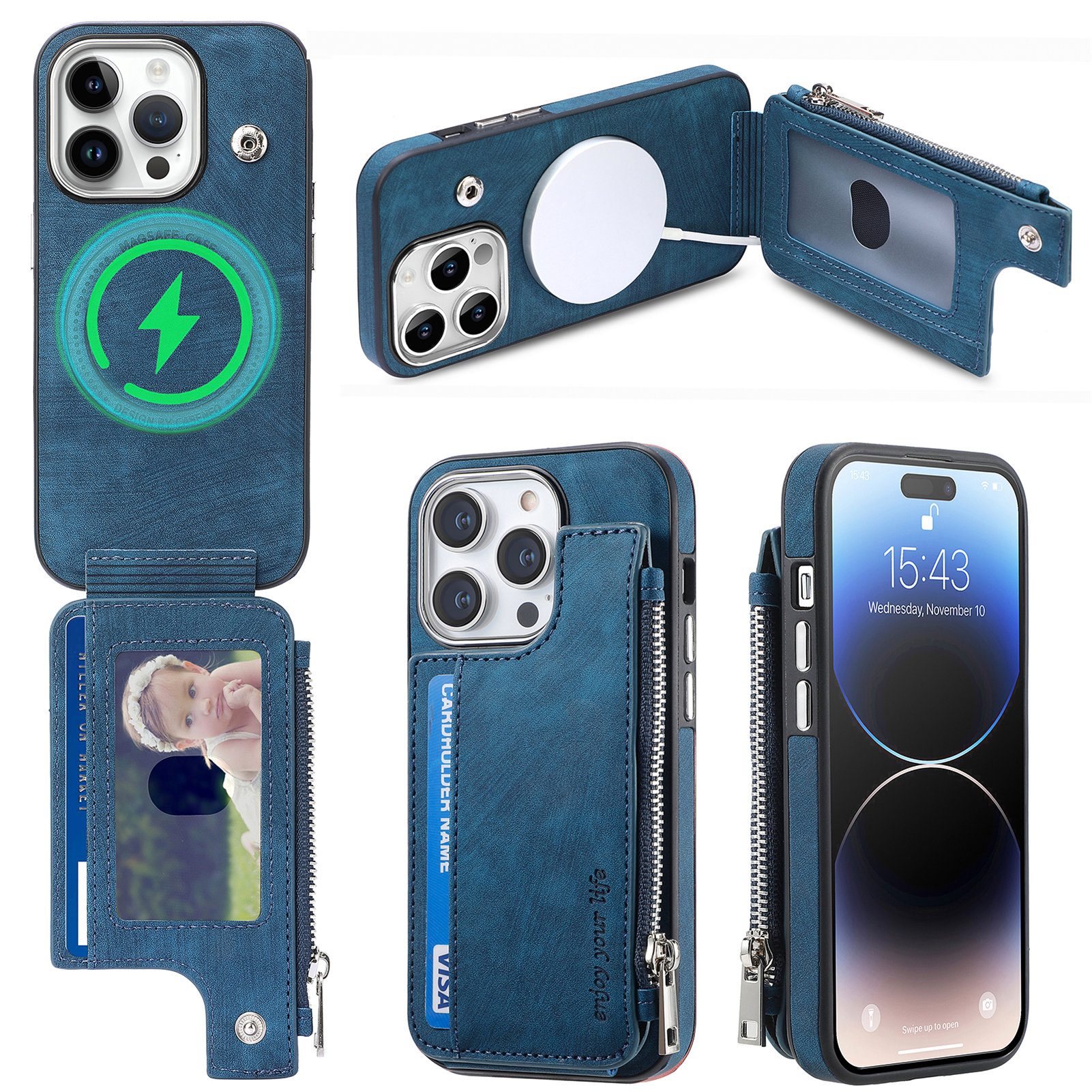 

Für Iphone 14 Pro Max Magnetic Phone Case Anti-Scratch Pu-leder-tpu-shell-brieftand-kickständer-telefonabdeckung - Blau, iPhone 14 Pro Max