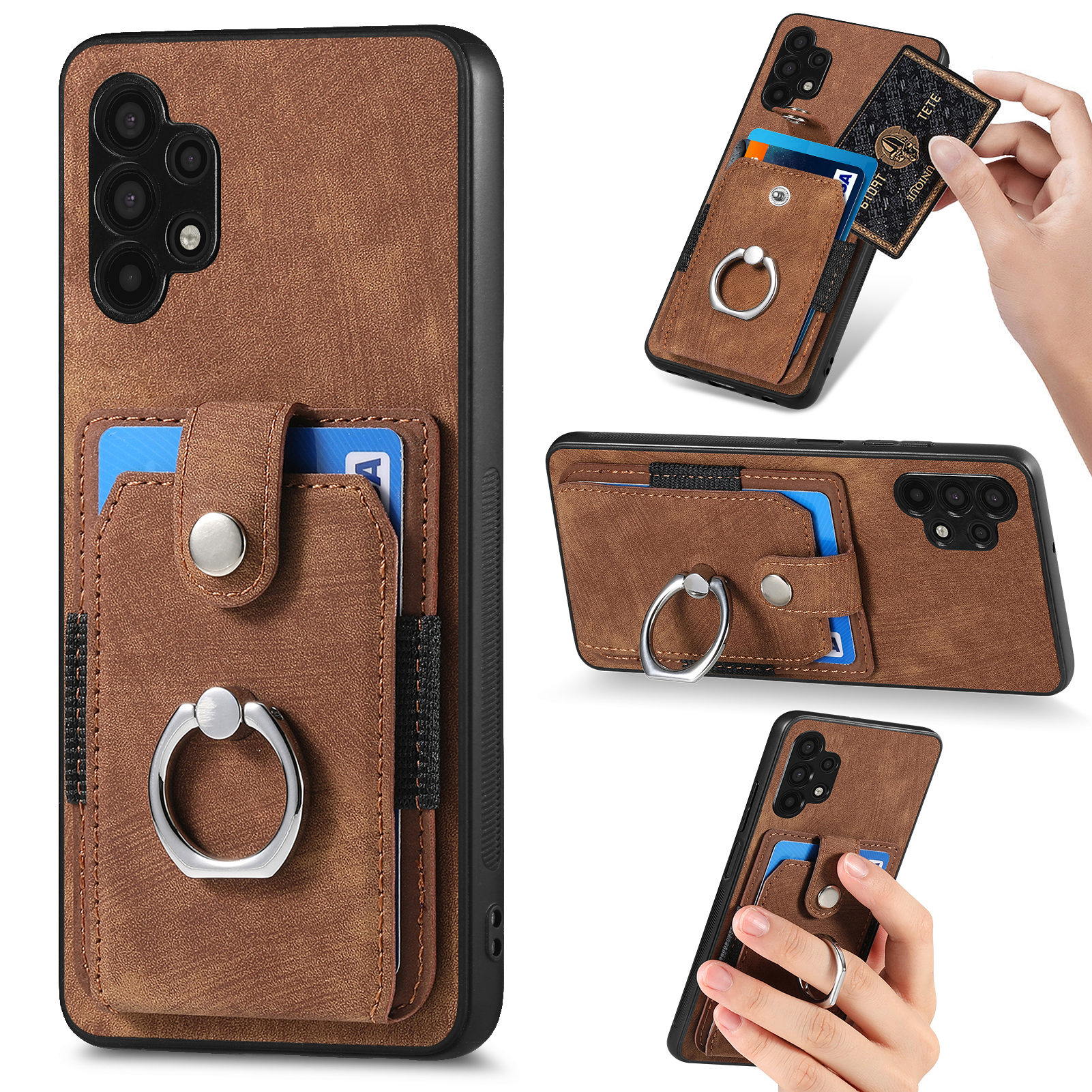 

Telefonkoffer Für Samsung Galaxy A32 5G / M32 5G Ring Kickstand PU -leder -pc+tpu -kartenschlitzabdeckung - Braun, Galaxy A32 5G