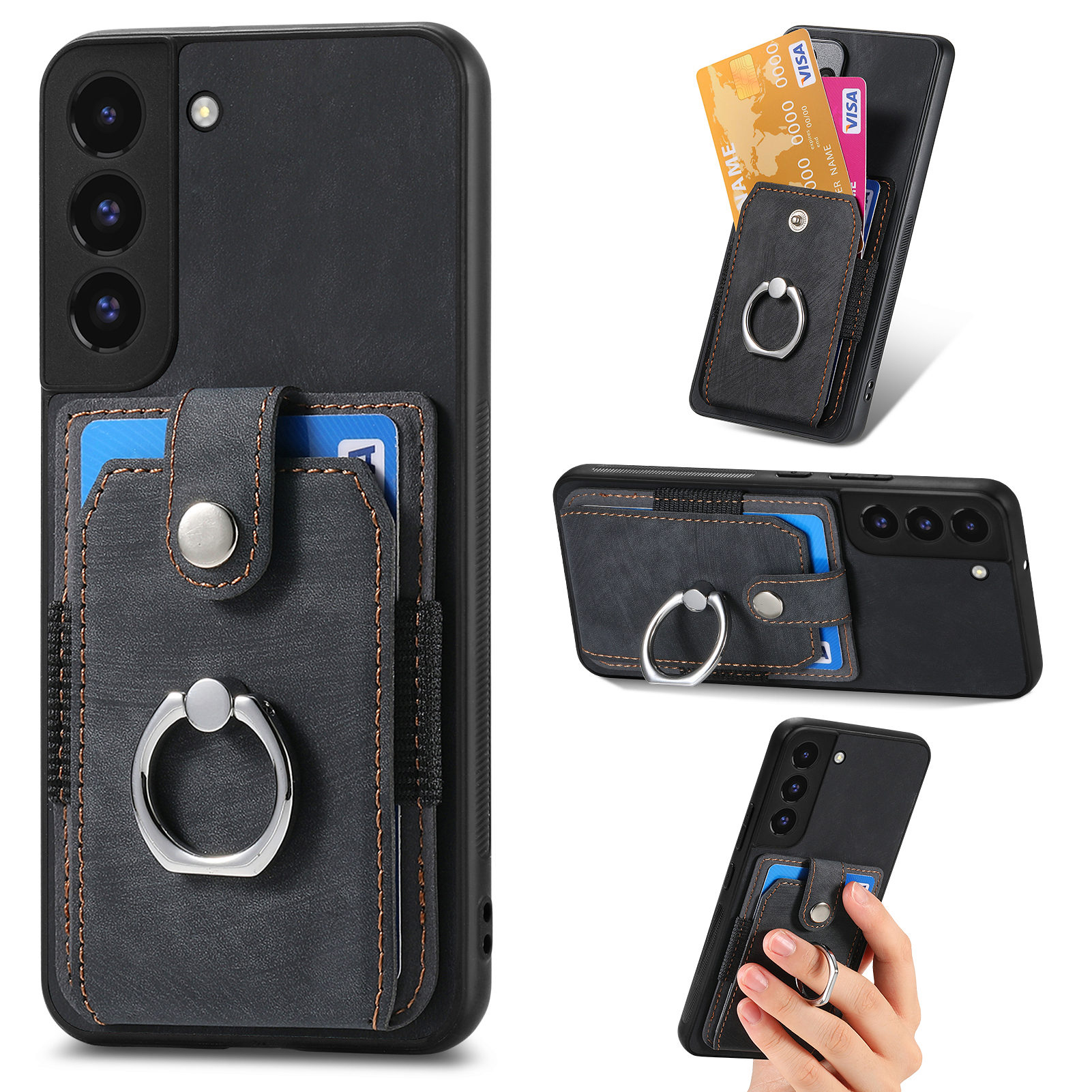 

Telefonhülle Für Samsung Galaxy S22 5G Ring Kickstand PU -leder -pc+tpu -abdeckung Mit Kartensteckplatz - Schwarz, Galaxy S22 5G