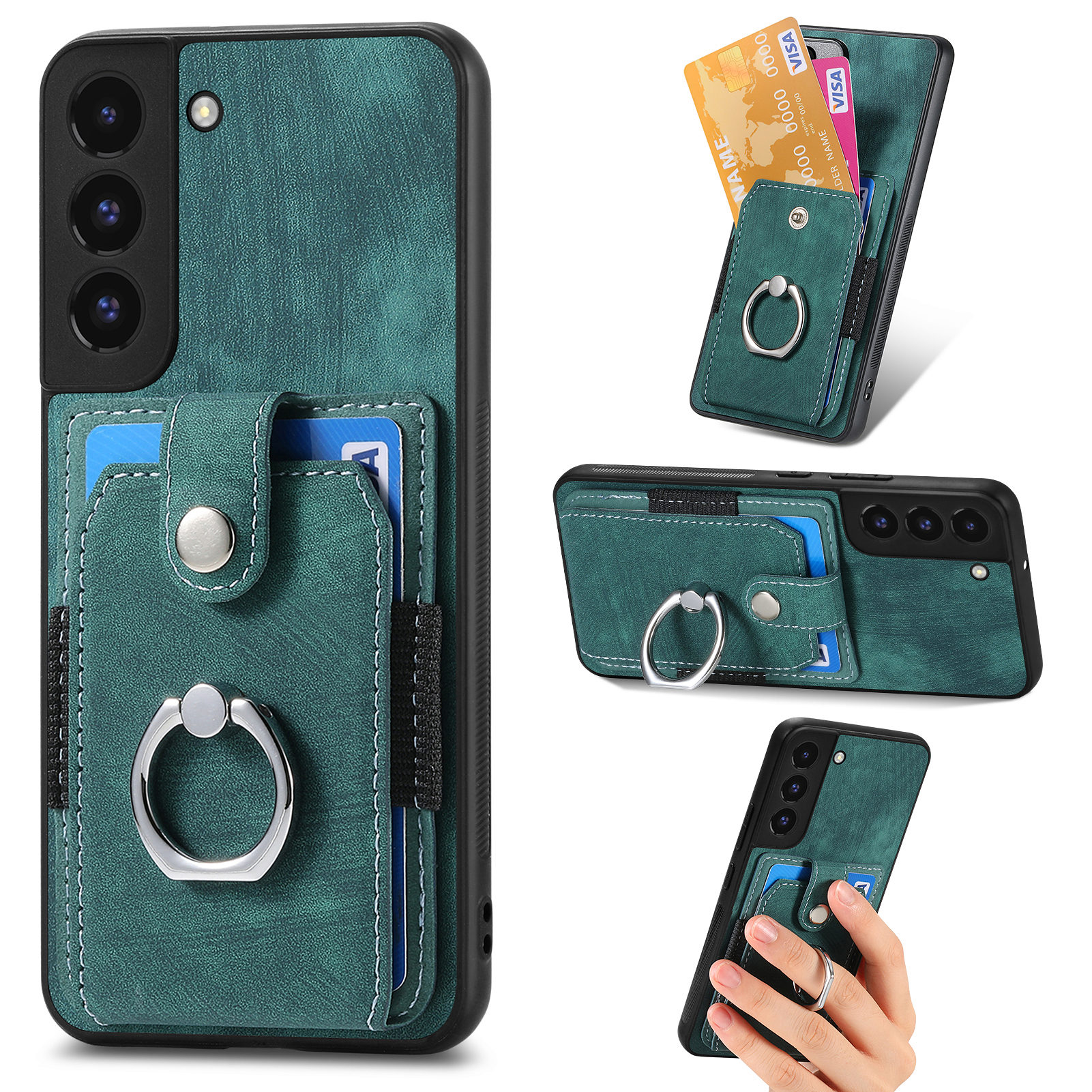 

Telefonhülle Für Samsung Galaxy S22 5G Ring Kickstand PU -leder -pc+tpu -abdeckung Mit Kartensteckplatz - Grün, Galaxy S22 5G