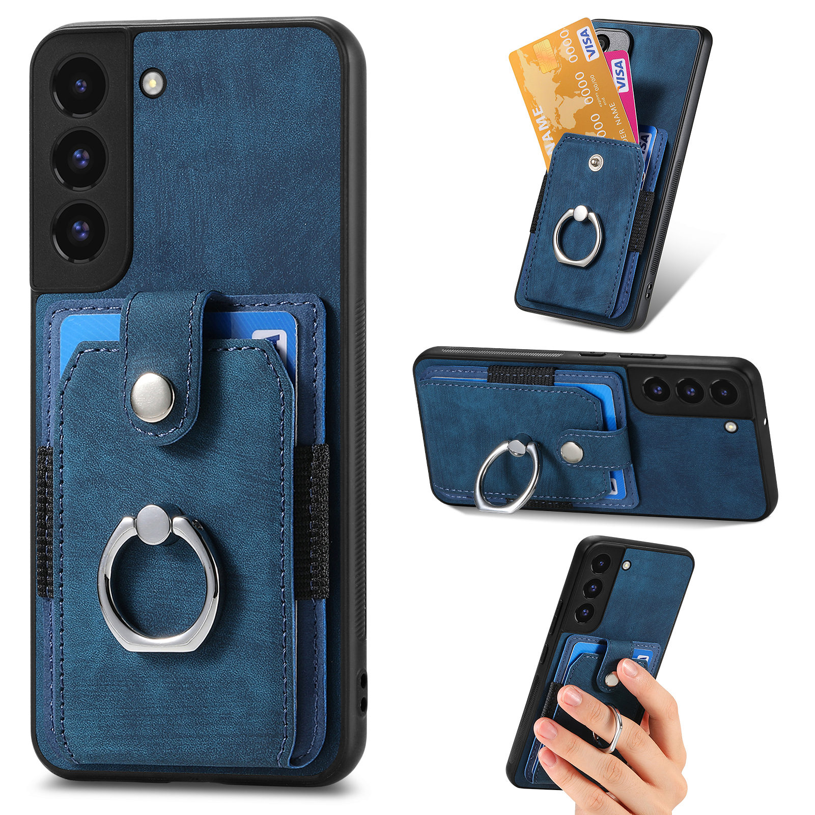 

Telefonhülle Für Samsung Galaxy S22 5G Ring Kickstand PU -leder -pc+tpu -abdeckung Mit Kartensteckplatz - Dunkelblau, Galaxy S22 5G