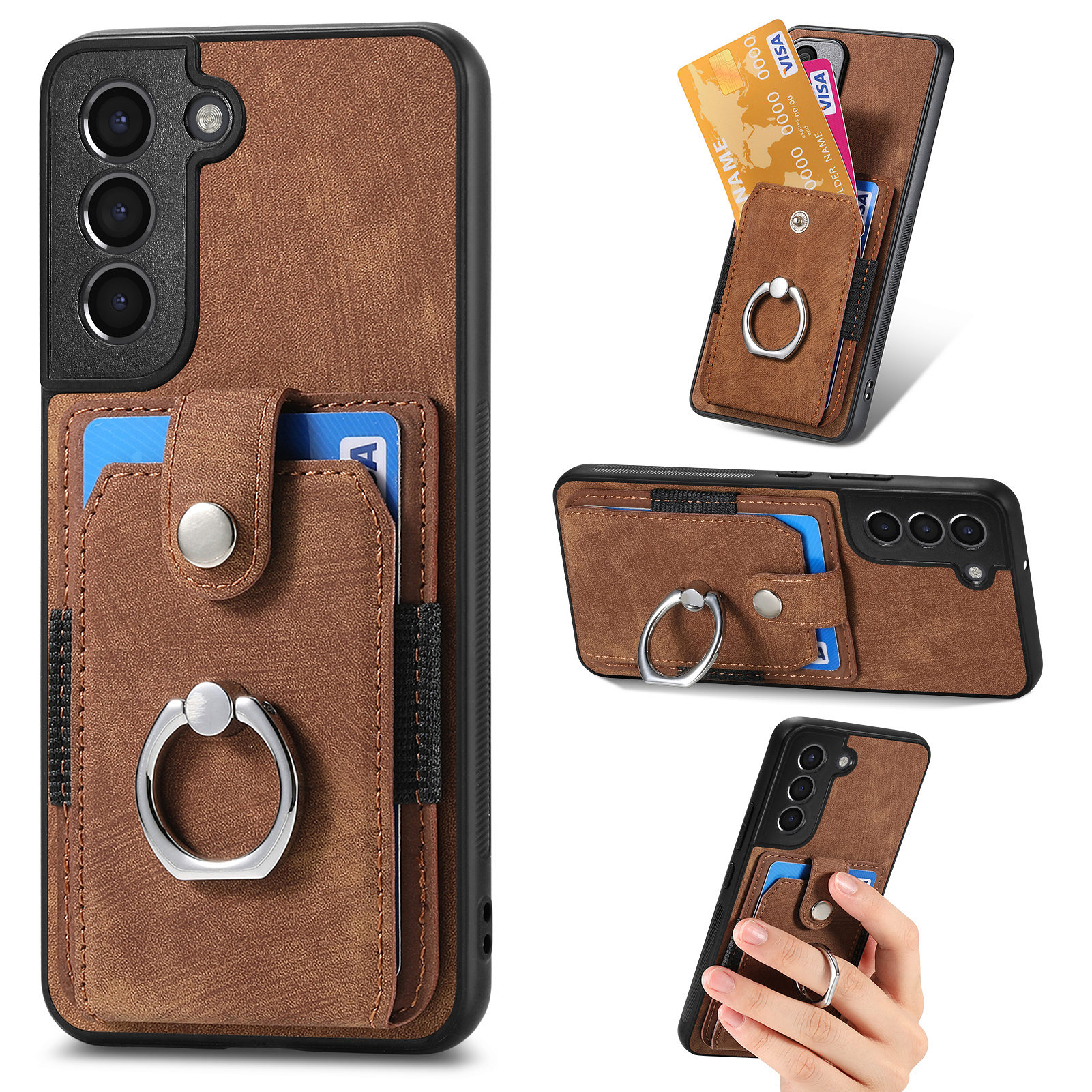 

Telefonkoffer Für Samsung Galaxy S21 4G / 5G PU Leder+pc+tpu -kartenschlitzabdeckung Mit Ringkickstand - Braun, Galaxy S21 4G