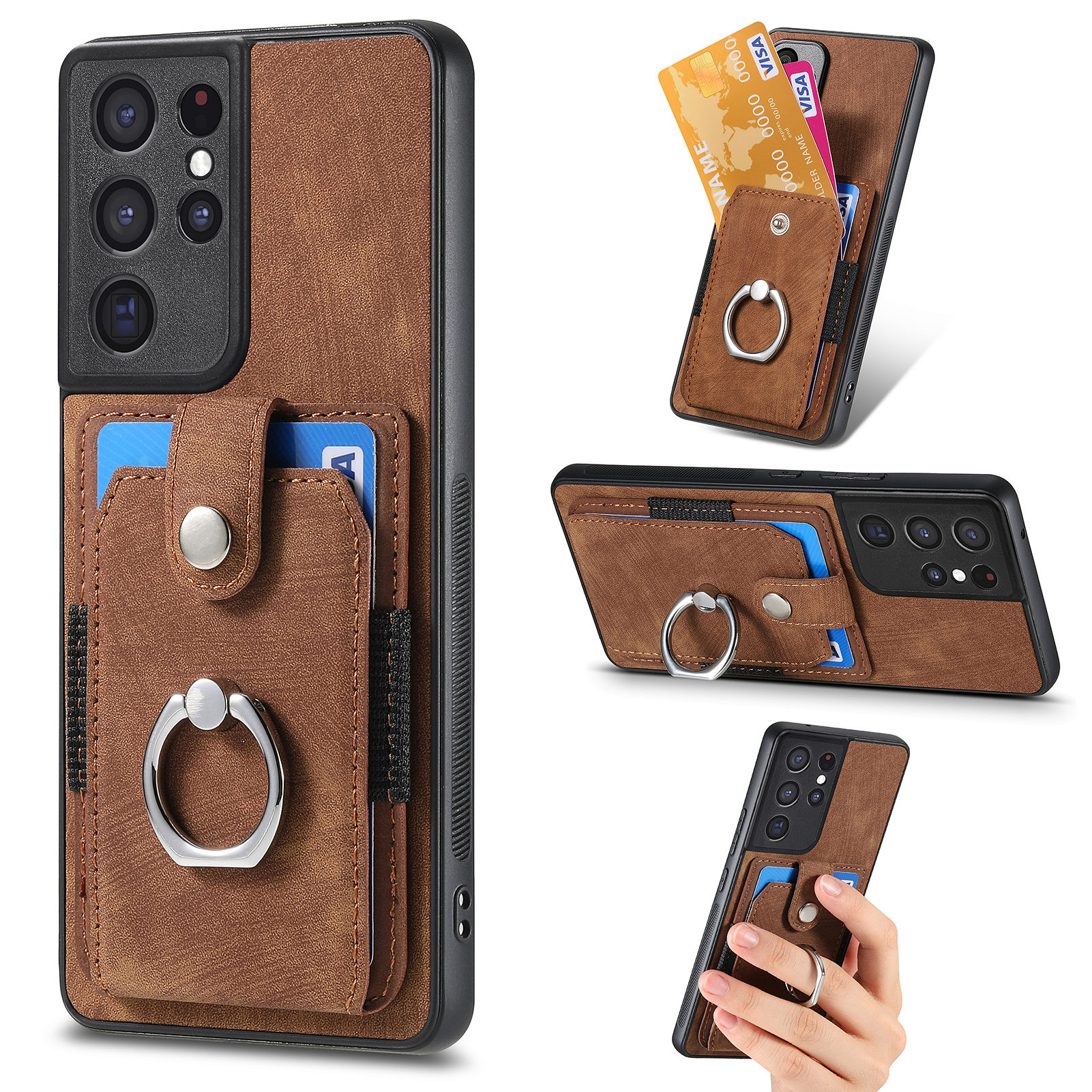 

Für Samsung Galaxy S21 Ultra 5G PU Leder+pc+tpu -deckkartenhalter -telefonhülle Mit Ringkickstand - Braun, Galaxy S21 Ultra 5G