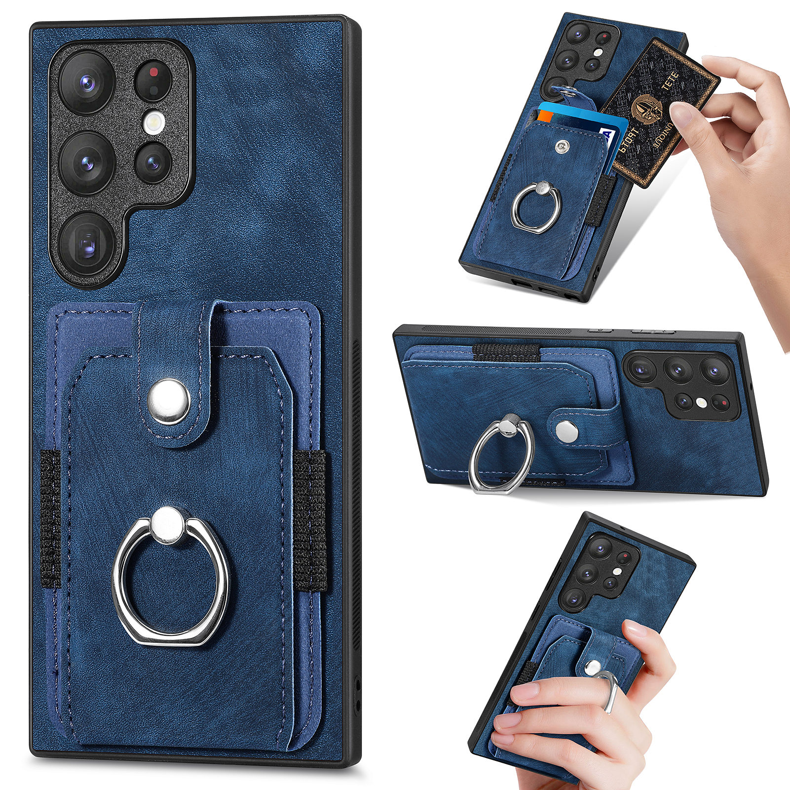 

Protektorgehäuse Für Samsung Galaxy S23 Ultra -kartenhalter PU Leder+pc+tpu -telefonabdeckung Mit Ringstand - Dunkelblau, Galaxy S23 Ultra