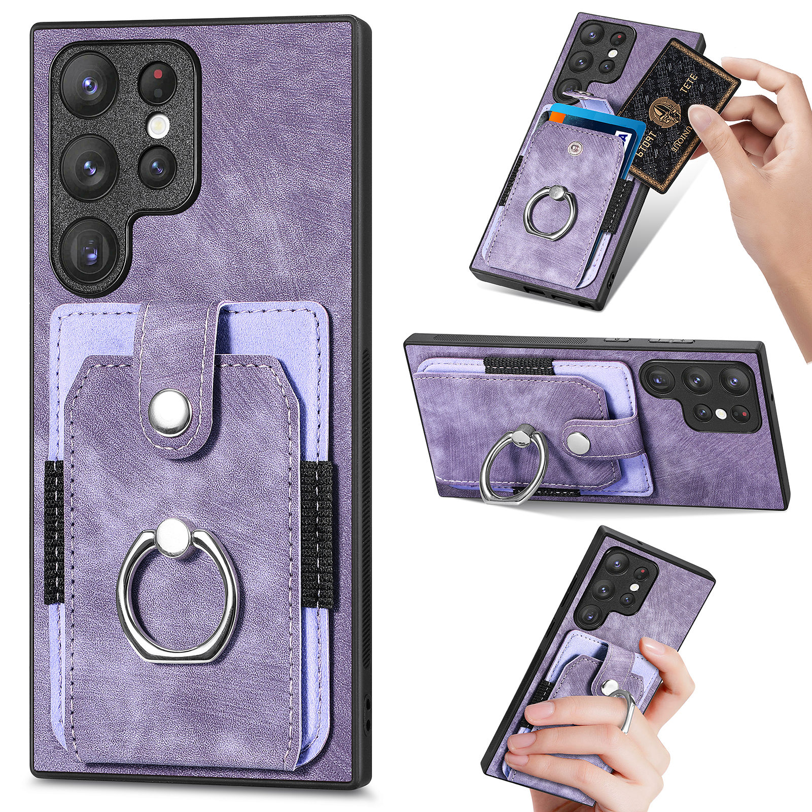 

Protektorgehäuse Für Samsung Galaxy S23 Ultra -kartenhalter PU Leder+pc+tpu -telefonabdeckung Mit Ringstand - Helles Lila, Galaxy S23 Ultra