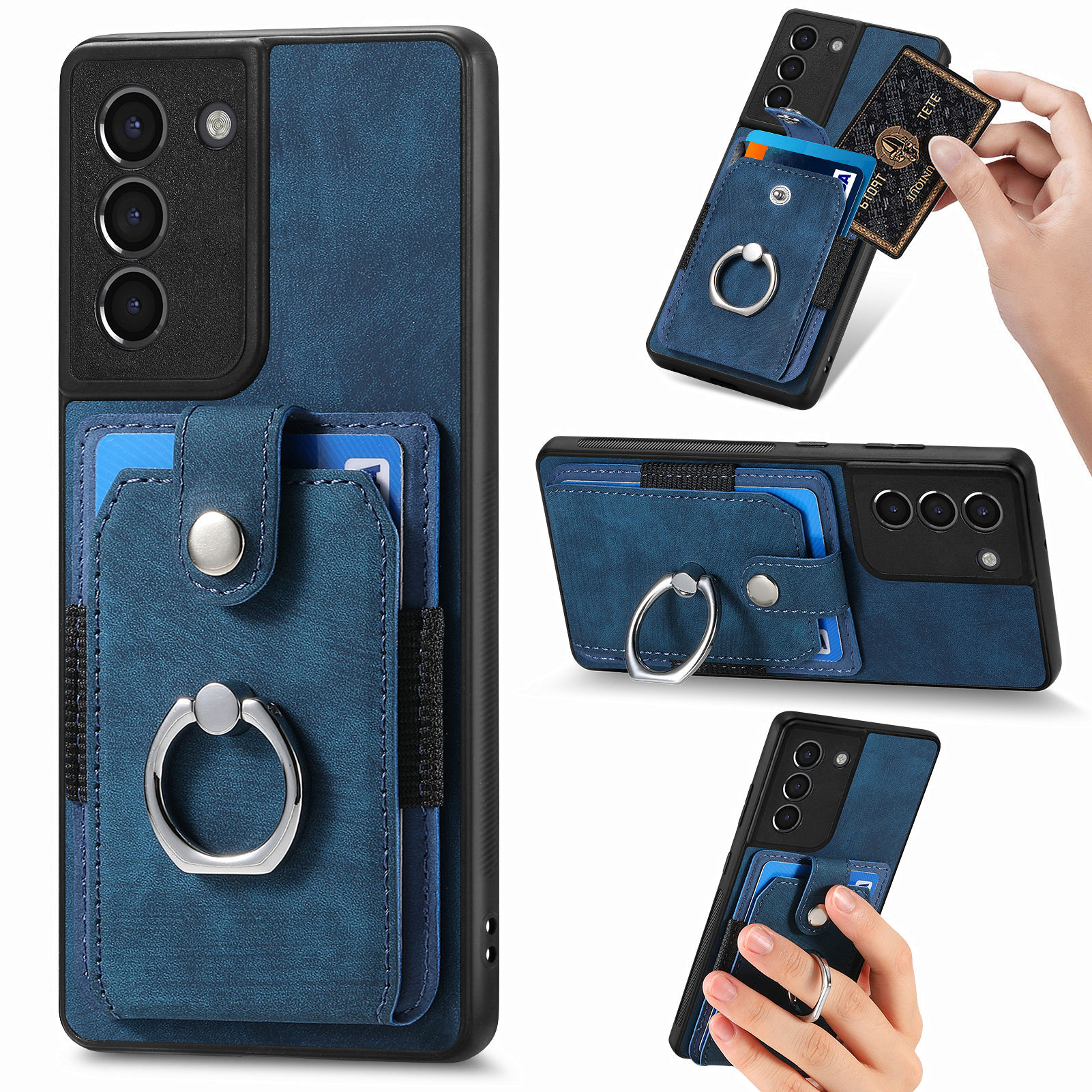 

Für Samsung Galaxy S21 fe 5G -kartenhalter -telefonhülle PU Leather TPU PC Schlanke Telefonabdeckung Mit Ringstand - Dunkelblau, Galaxy S21 FE 5G