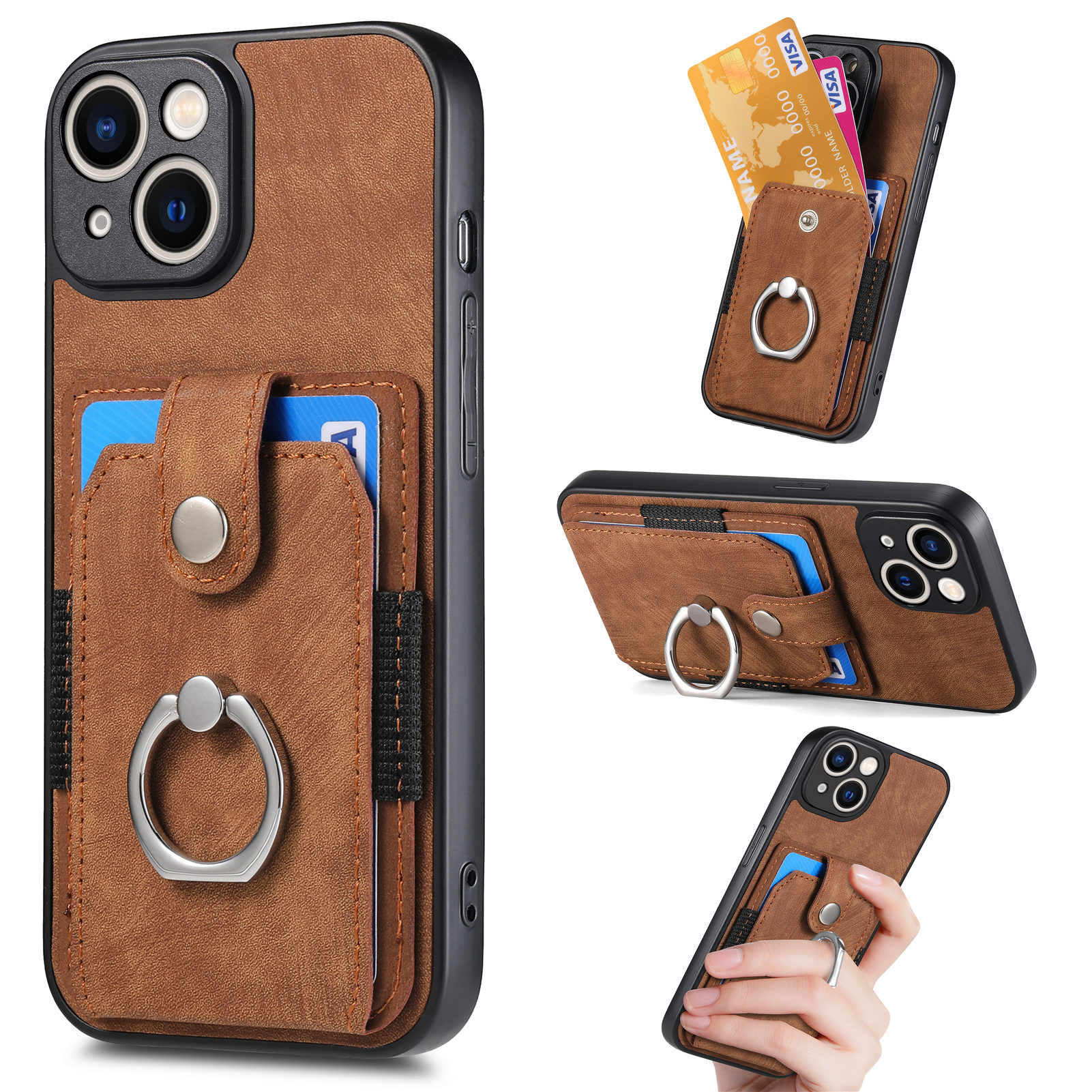 

Slim Hülle Für Iphone 14 Kickstand Phone Hülle Kartenhalter Schockproofes Telefon Cover PU Leder TPU PC Shell - Braun, iPhone 14