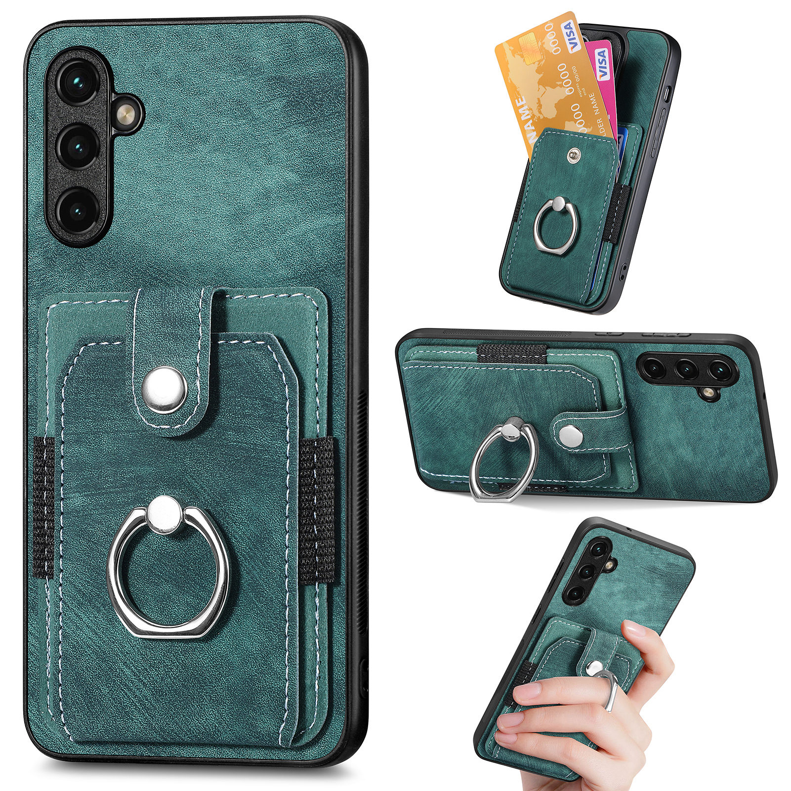 

Kickstand -koffer Für Samsung Galaxy A34 5G Schockfeste Hälfte Kartenhalter PU Leather TPU PC Cover - Grün, Galaxy A34 5G