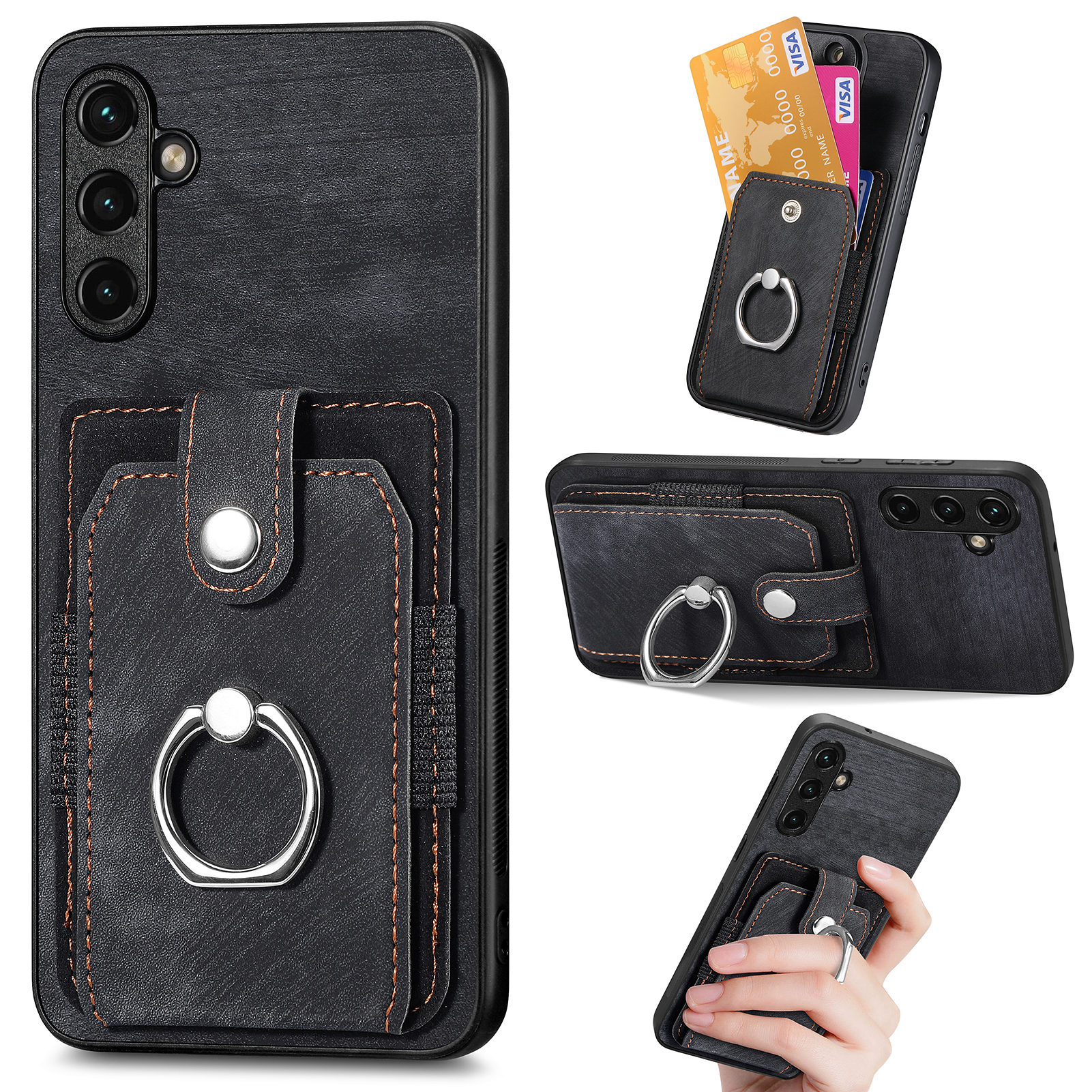 

Kickstand -koffer Für Samsung Galaxy A34 5G Schockfeste Hälfte Kartenhalter PU Leather TPU PC Cover - Schwarz, Galaxy A34 5G