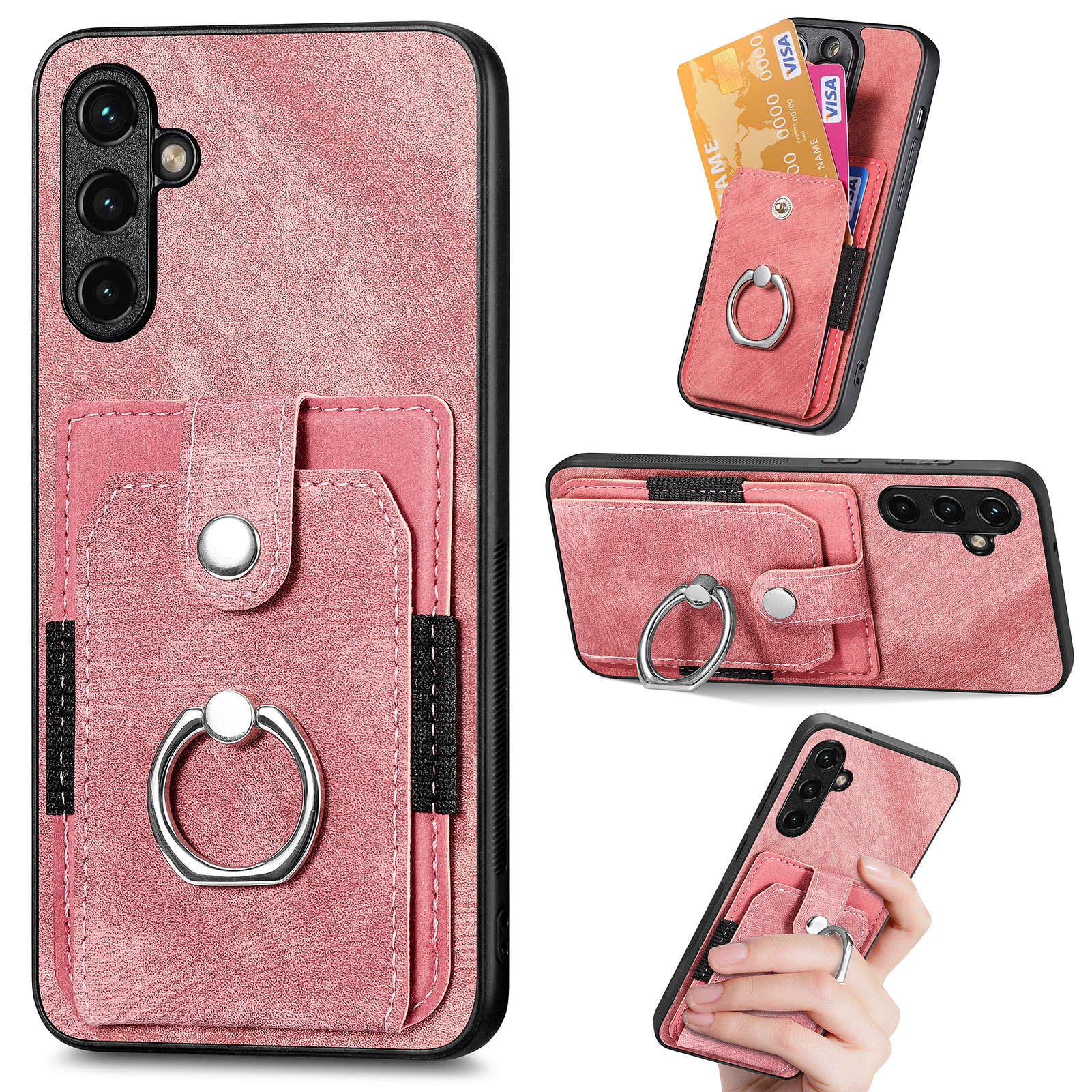 

Kickstand -koffer Für Samsung Galaxy A34 5G Schockfeste Hälfte Kartenhalter PU Leather TPU PC Cover - Rosa, Galaxy A34 5G