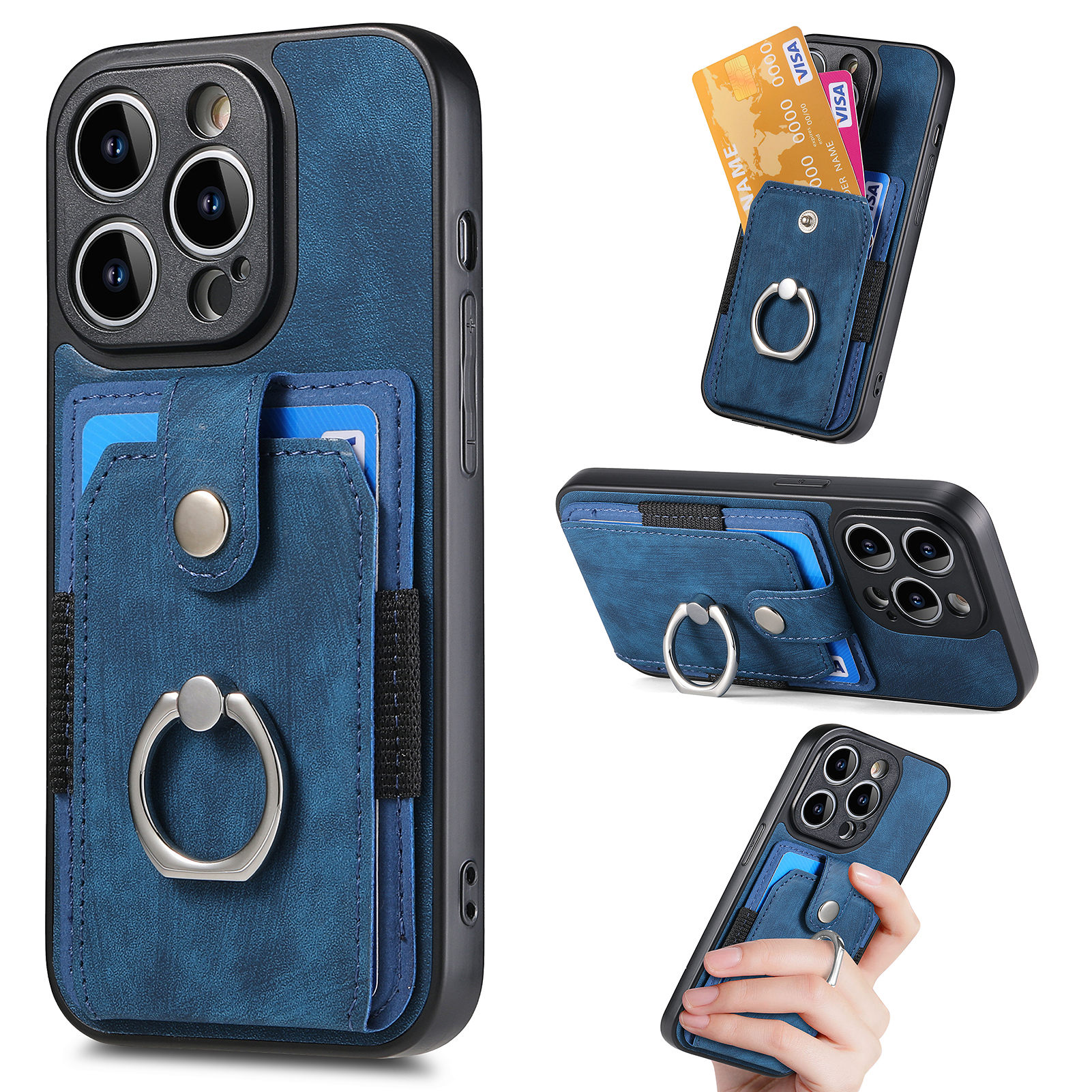 

Für Das Iphone 13 Pro Ring Kickstand Phone Hülle PU -leder -pc+tpu -kartenschlitzabdeckung - Dunkelblau, iPhone 13 Pro