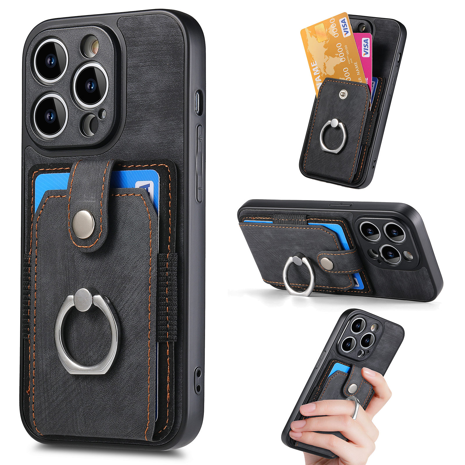 

Für Das Iphone 13 Pro Ring Kickstand Phone Hülle PU -leder -pc+tpu -kartenschlitzabdeckung - Schwarz, iPhone 13 Pro