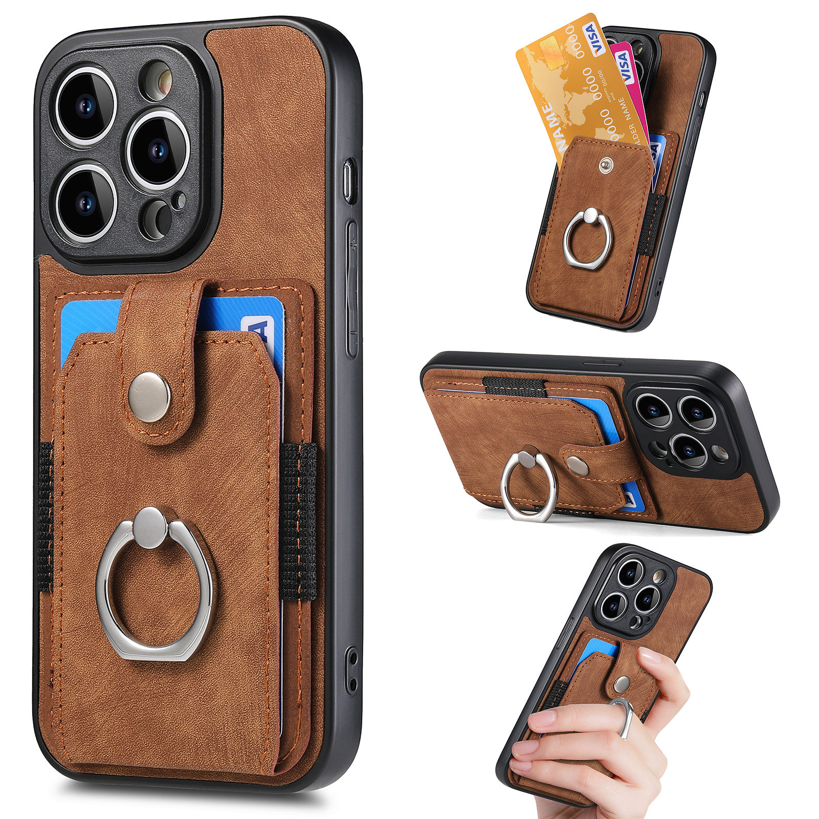 

Für Das Iphone 13 Pro Ring Kickstand Phone Hülle PU -leder -pc+tpu -kartenschlitzabdeckung - Braun, iPhone 13 Pro