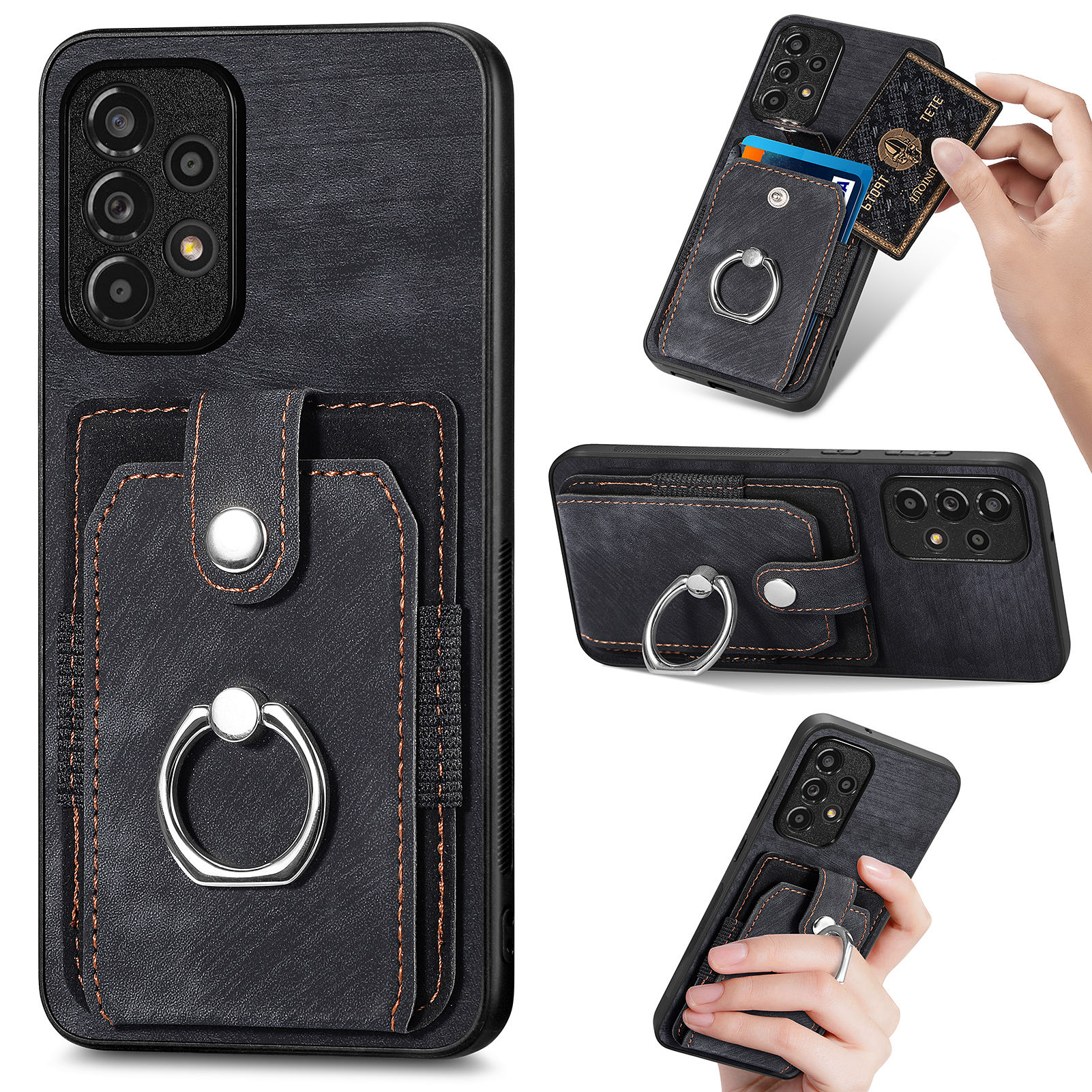 

Für Samsung Galaxy A33 5G PU Lederbeschichtete PC+TPU Back Hülle Kartenschlitzfinger Ringhalter Kickstand Telefonabdeckung - Schwarz, Samsung Galaxy A33 5G