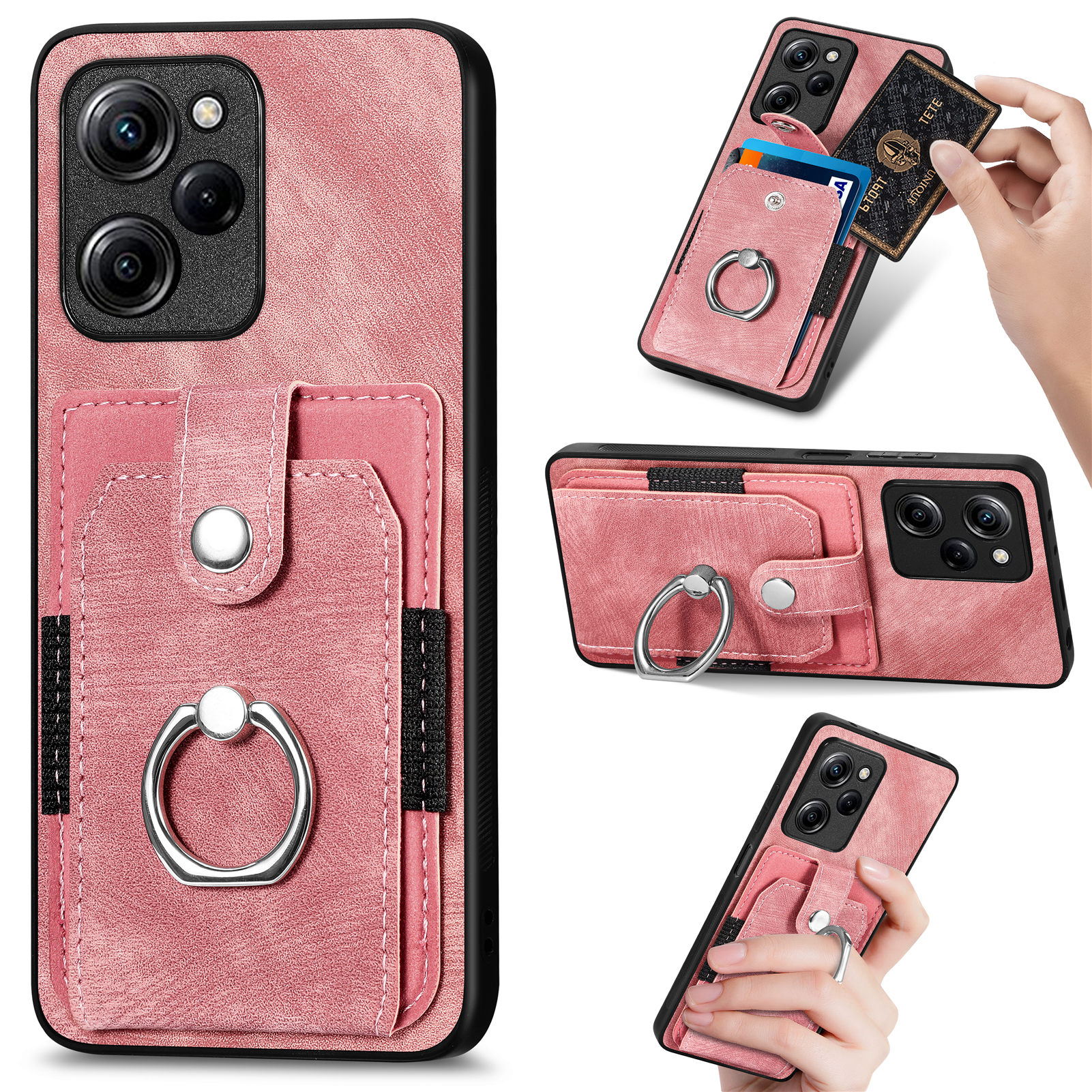 

Kickstand -telefonkoffer Für Xiaomi Poco X5 Pro 5G / Redmi Note 12 Pro Speed ​​5g, PU -leder -pc+tpu -kartenschlitzabdeckung - Rosa, Xiaomi Poco X5 Pro 5G