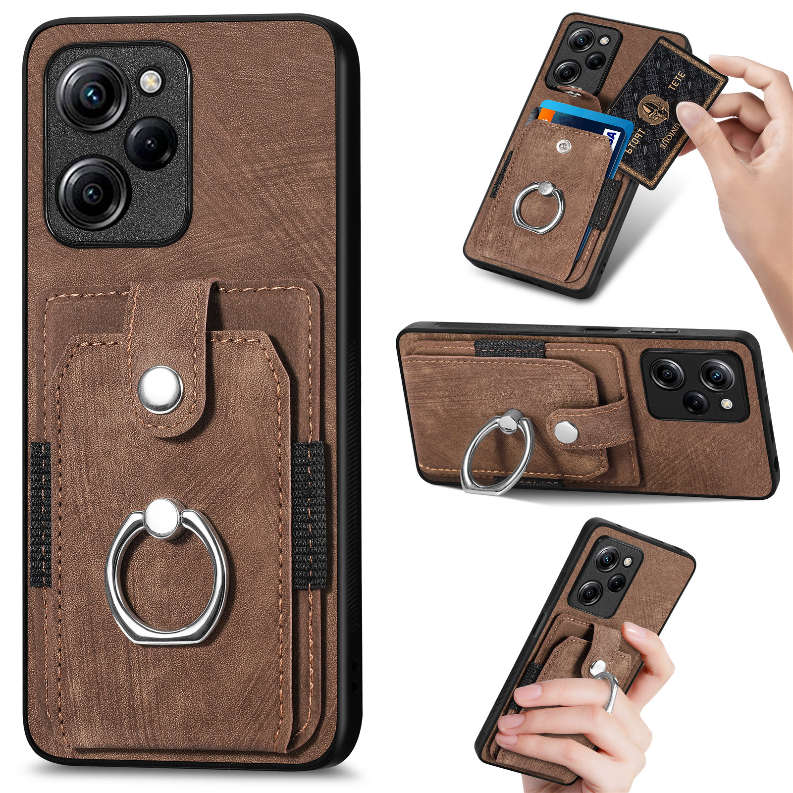 

Kickstand -telefonkoffer Für Xiaomi Poco X5 Pro 5G / Redmi Note 12 Pro Speed ​​5g, PU -leder -pc+tpu -kartenschlitzabdeckung - Braun, Xiaomi Poco X5 Pro 5G