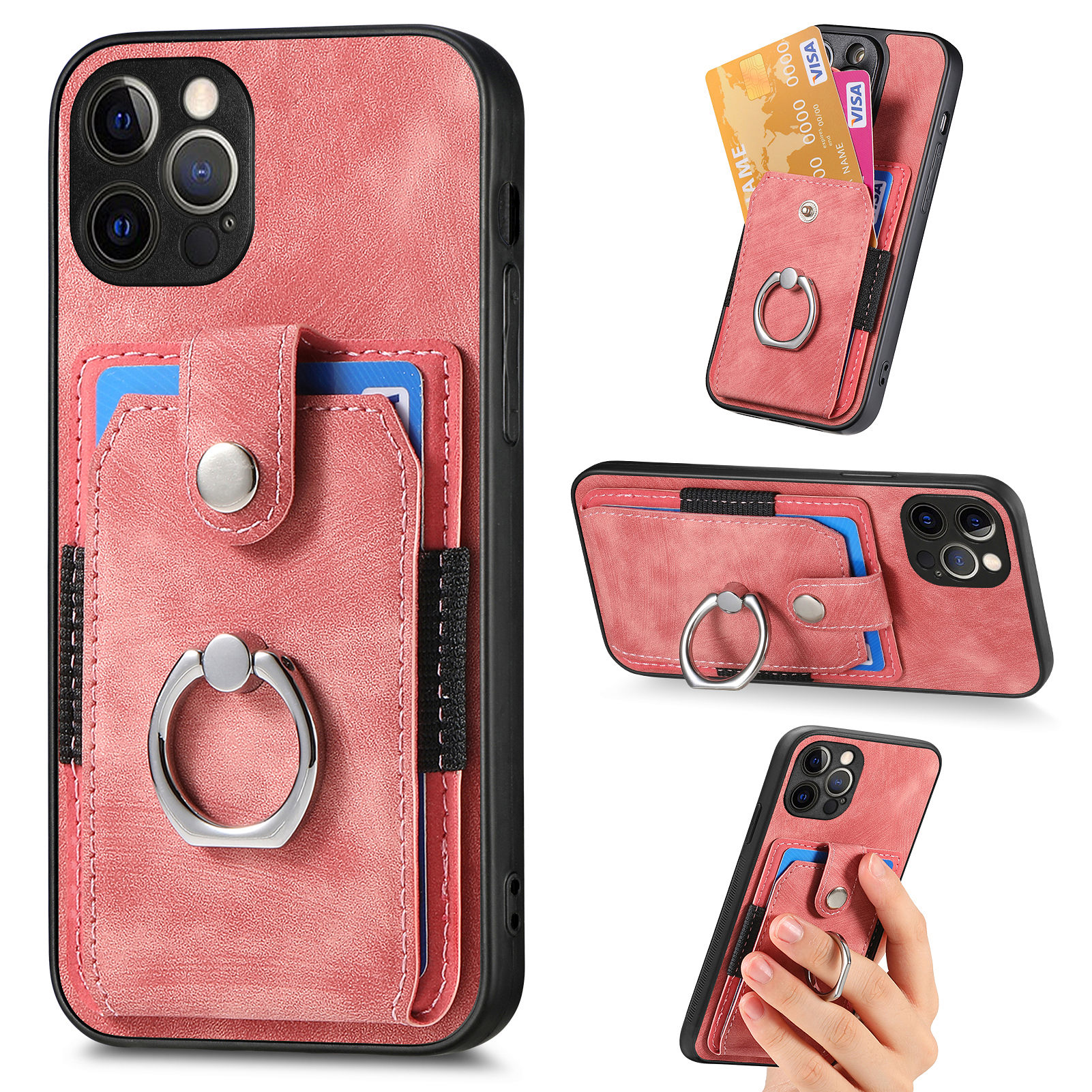 

Für Das Iphone 12 Pro Max Ring Kickstand Protective Cover PU Leder+pc+tpu -telefonhülle Mit Kartensteckplatz - Rosa, iPhone 12 Pro Max