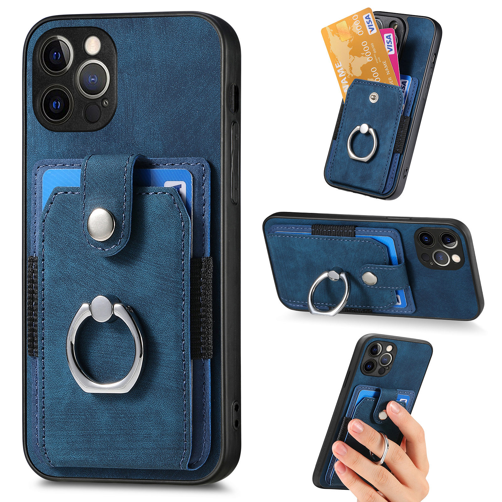 

Für Das Iphone 12 Pro Max Ring Kickstand Protective Cover PU Leder+pc+tpu -telefonhülle Mit Kartensteckplatz - Dunkelblau, iPhone 12 Pro Max