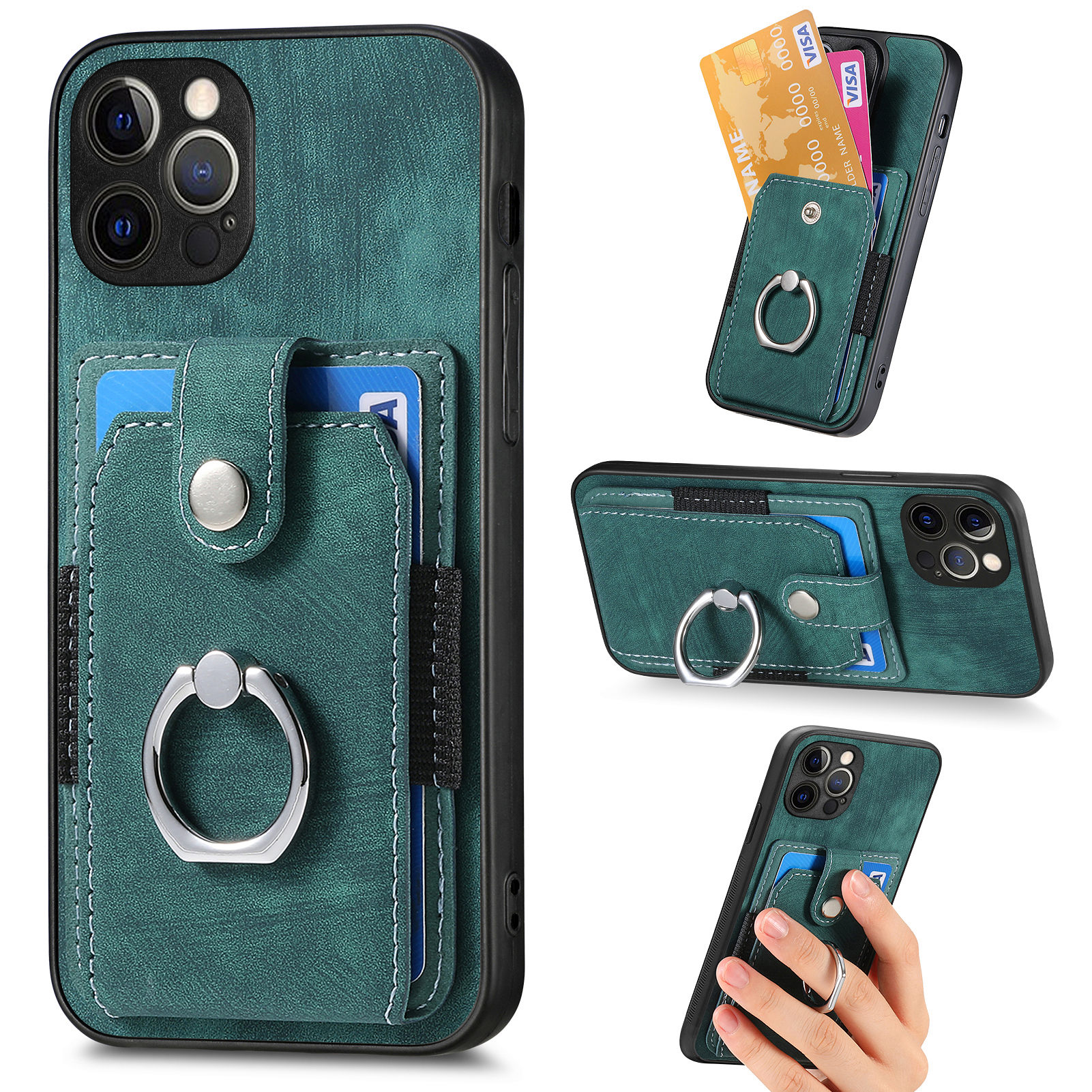 

Für Das Iphone 12 Pro Max Ring Kickstand Protective Cover PU Leder+pc+tpu -telefonhülle Mit Kartensteckplatz - Grün, iPhone 12 Pro Max