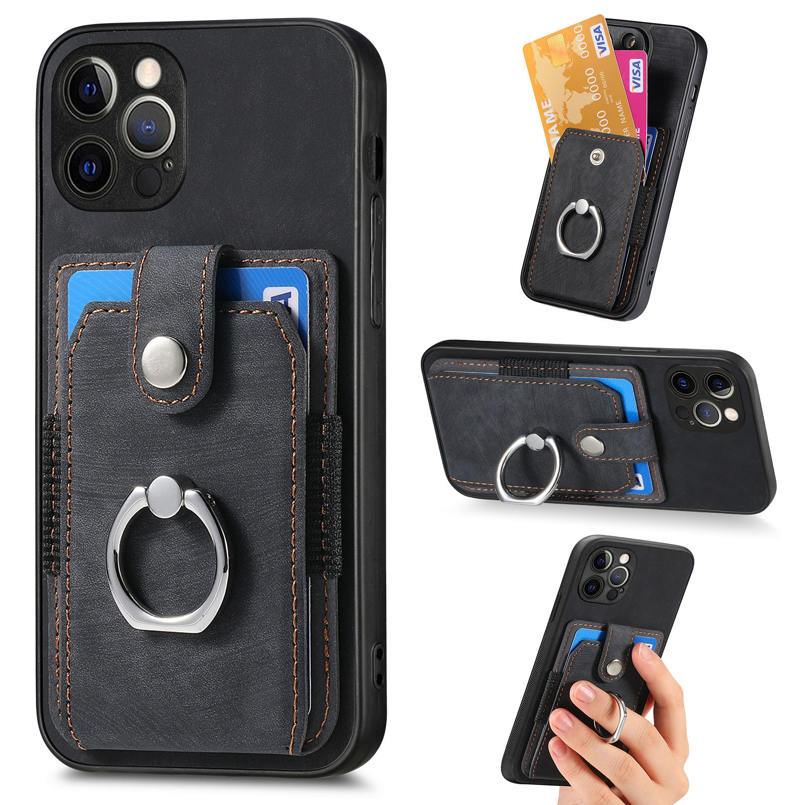 

Für Das Iphone 12 Pro PU Leder Beschichtete PC+TPU -telefonhülle Ring Kickstand -kartenhalter Zurück -deckung - Schwarz, iPhone 12 Pro