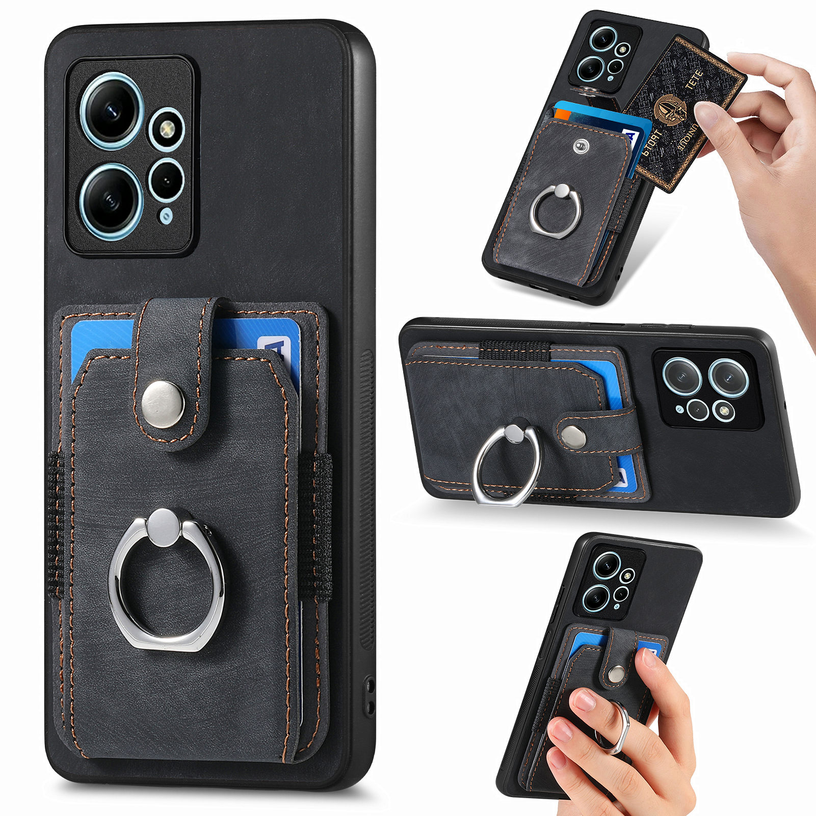 

Für Xiaomi Redmi Note 12 4G Anti-Scratch Kickstand-hülle PU Leder TPU PC Phone Hülle Kartenhalter Schockdcoverabdeckung - Schwarz, Xiaomi Redmi Note 12 4G