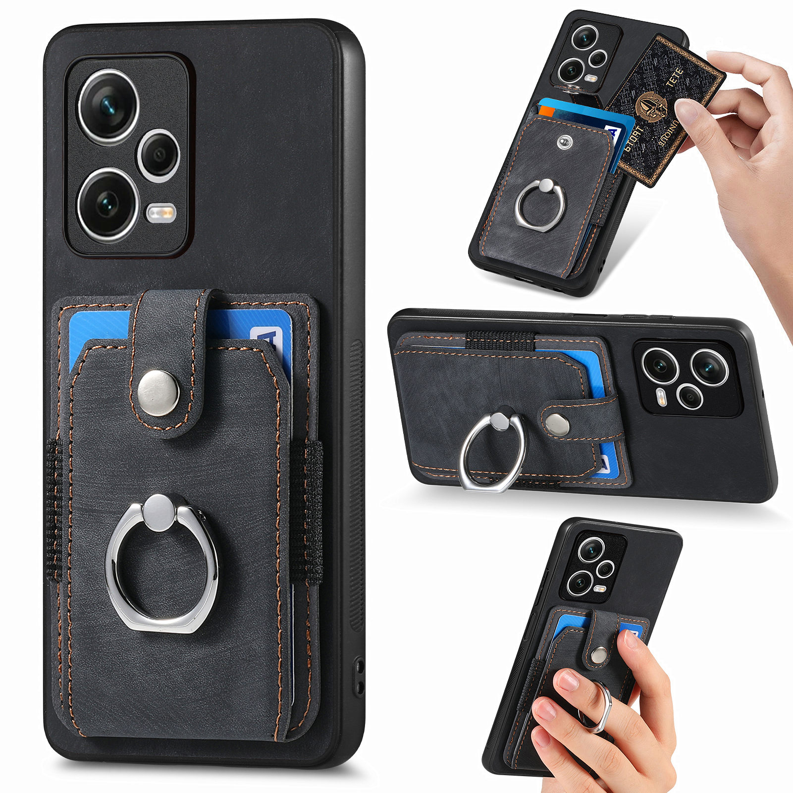

Für Xiaomi Redmi Note 12 Pro+ 5G Kickstand -hülle PU Leder TPU PC Phone Hülle Kartenhalter Telefonabdeckung - Schwarz, Xiaomi Redmi Note 12 Pro+ 5G