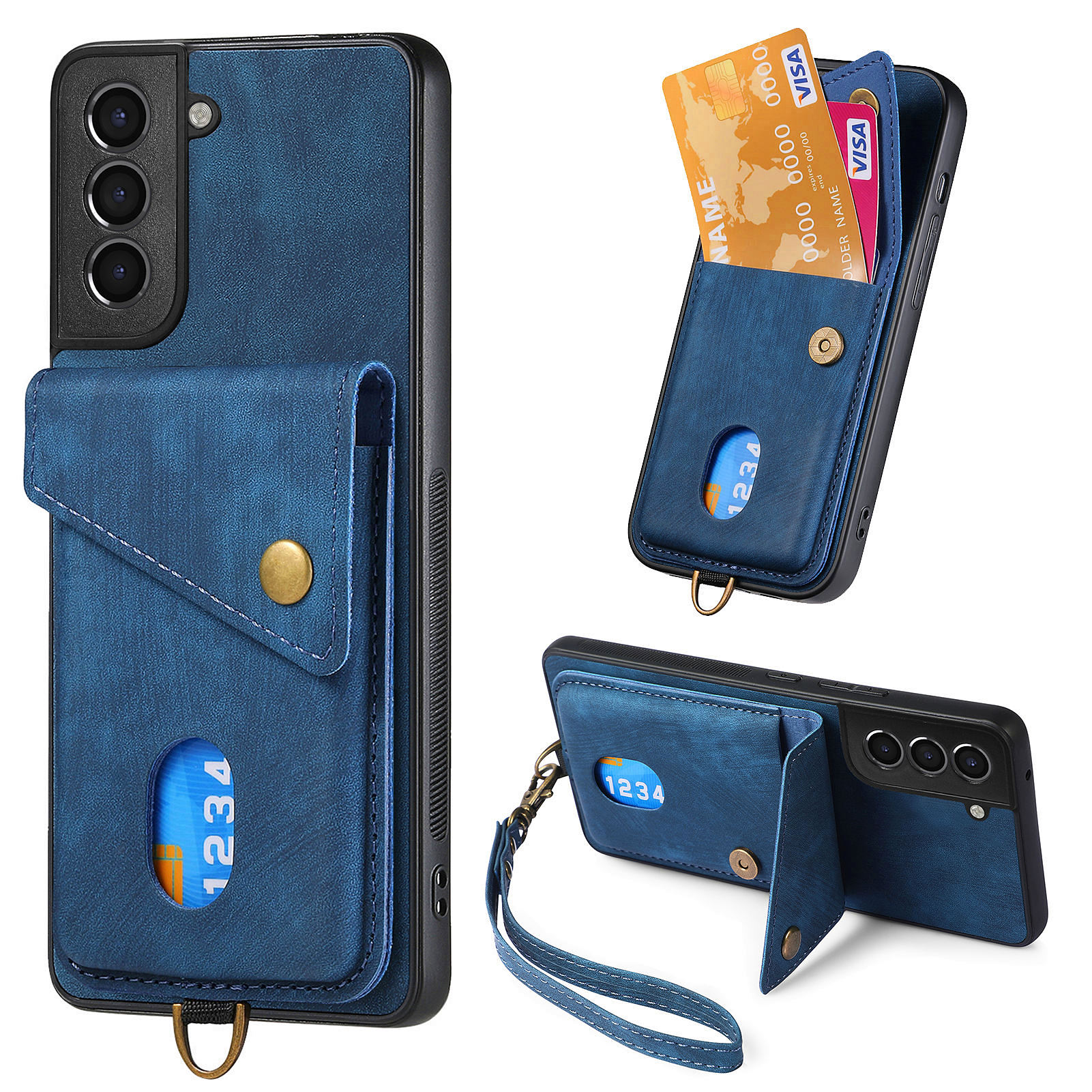 

Für Samsung Galaxy S21 5G / 4G Kickstand -kartenhalter -telefonabdeckung PU -leder -pc+tpu -hülle Mit Riemen - Blau, Galaxy S21 5G