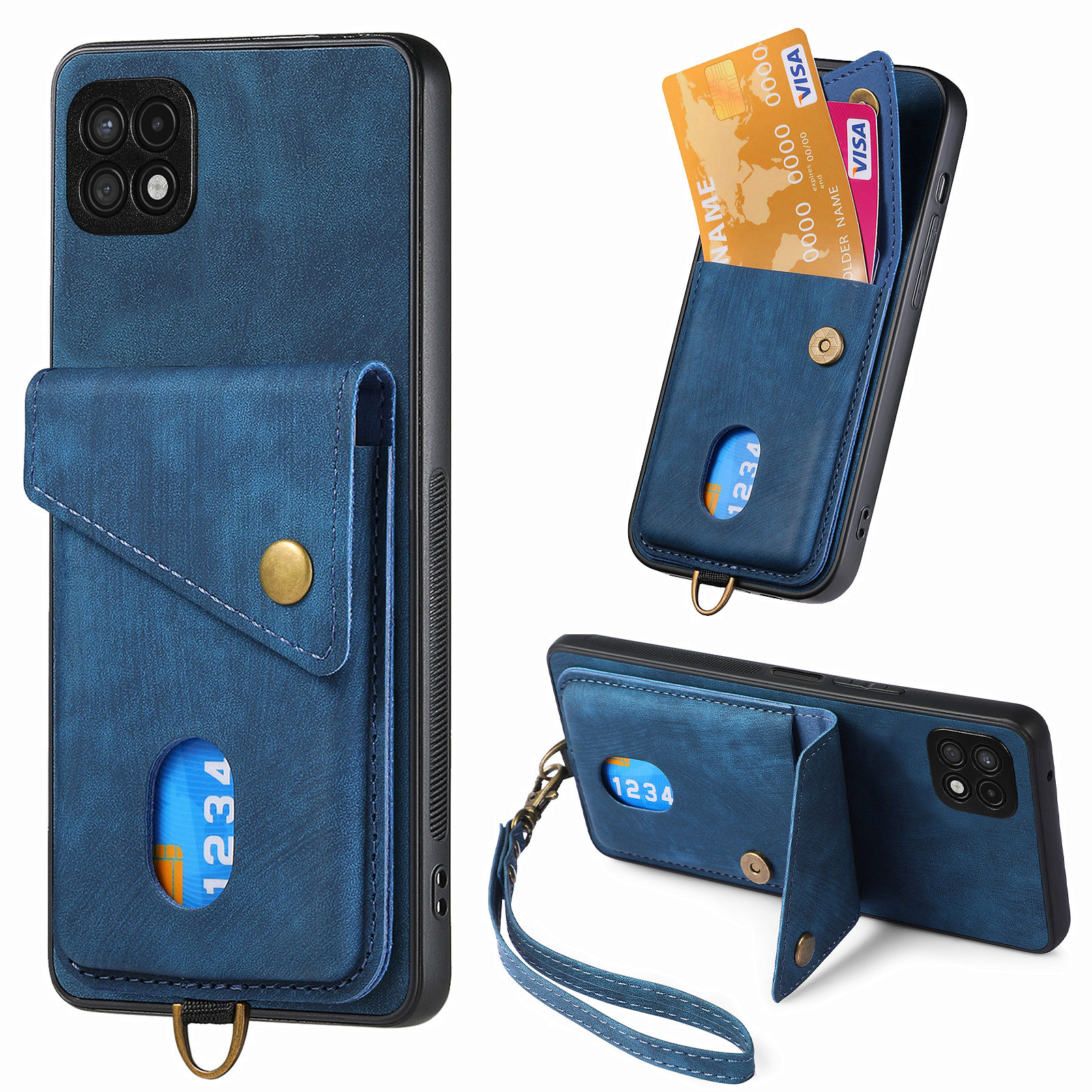 

Für Samsung Galaxy A22 5G (EU -version) Telefonhülle Lederbeschichtete PC+TPU -kartenhalter -kickständer Cover - Blau, Galaxy A22 5G (EU Version)