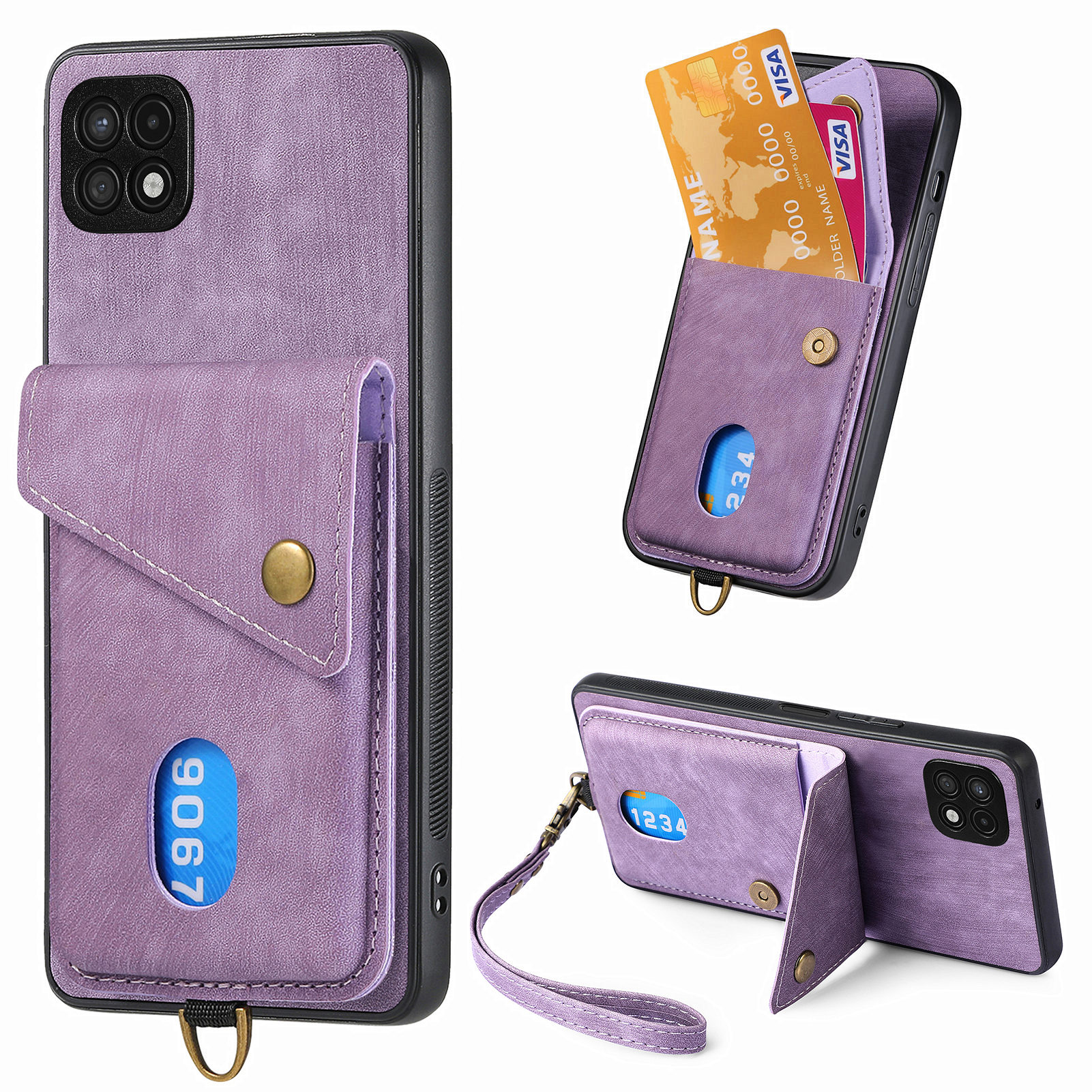 

Für Samsung Galaxy A22 5G (EU -version) Telefonhülle Lederbeschichtete PC+TPU -kartenhalter -kickständer Cover - Lila, Galaxy A22 5G (EU Version)