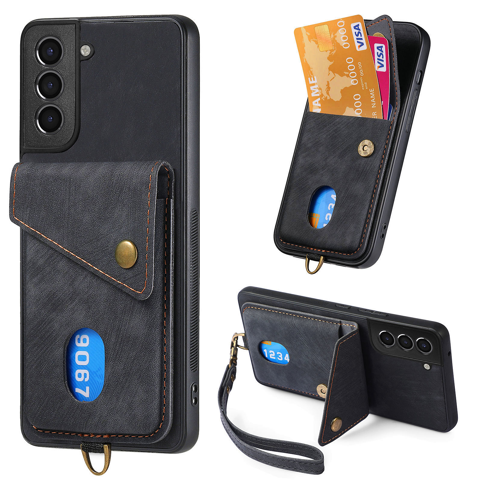 

Für Samsung Galaxy S21 fe 5G Kickstand Hülle PU Lederbeschichtete PC+TPU -telefon -kickstand -cover - Schwarz, Galaxy S21 FE 5G