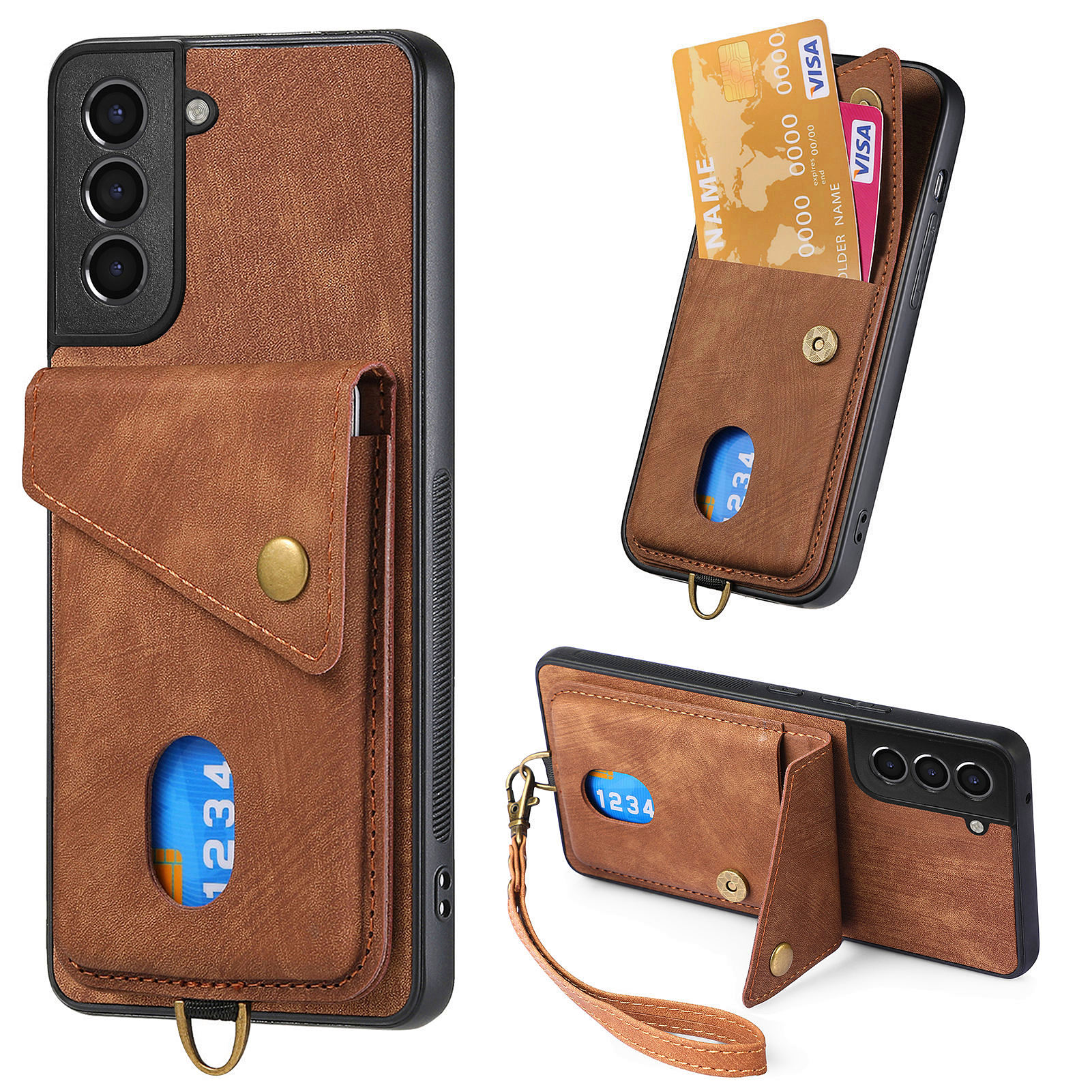 

Für Samsung Galaxy S21 fe 5G Kickstand Hülle PU Lederbeschichtete PC+TPU -telefon -kickstand -cover - Braun, Galaxy S21 FE 5G