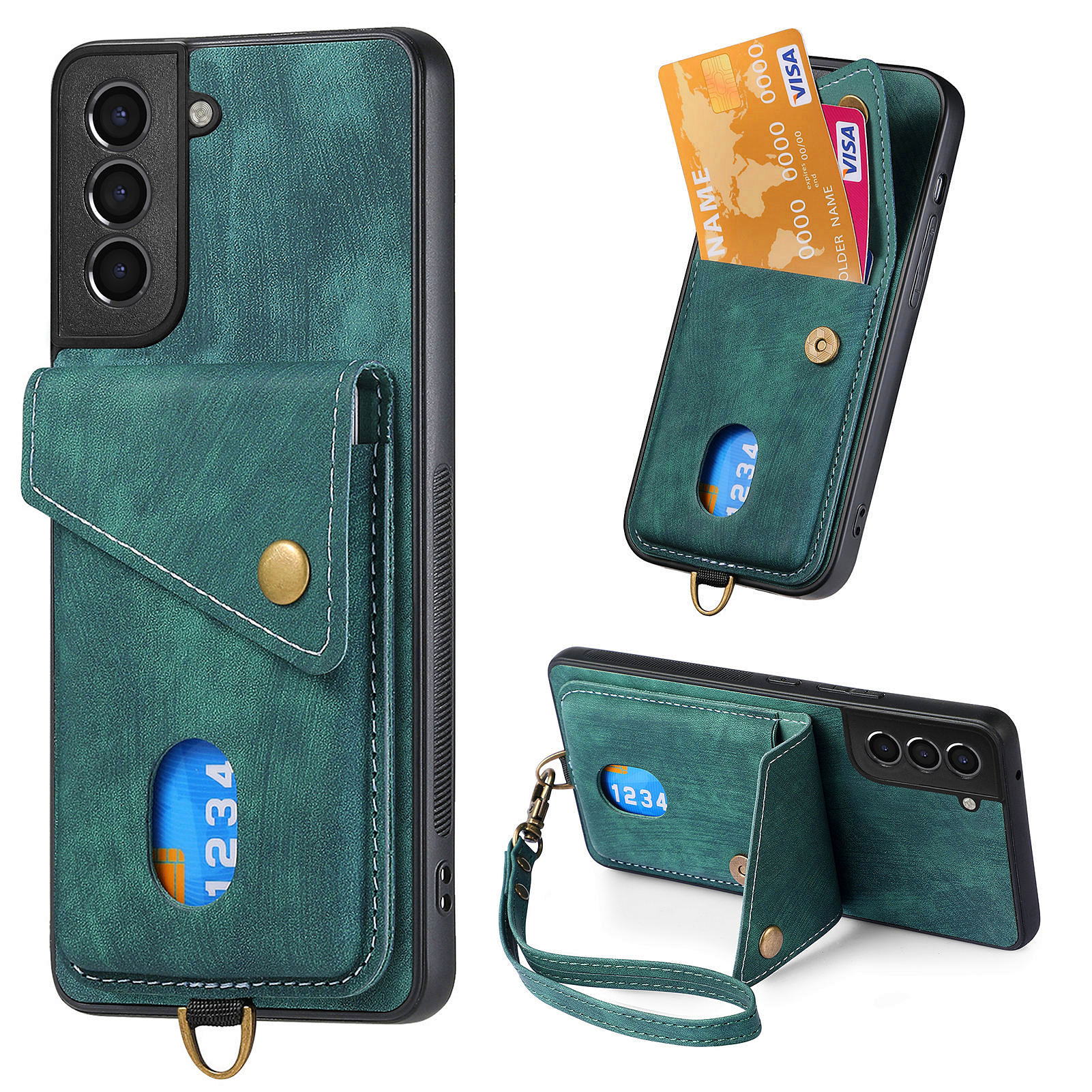 

Für Samsung Galaxy S22 5G Kickstand Phone Hülle Lederbeschichtete PC+TPU -kartenhalterabdeckung - Grün, Galaxy S22 5G