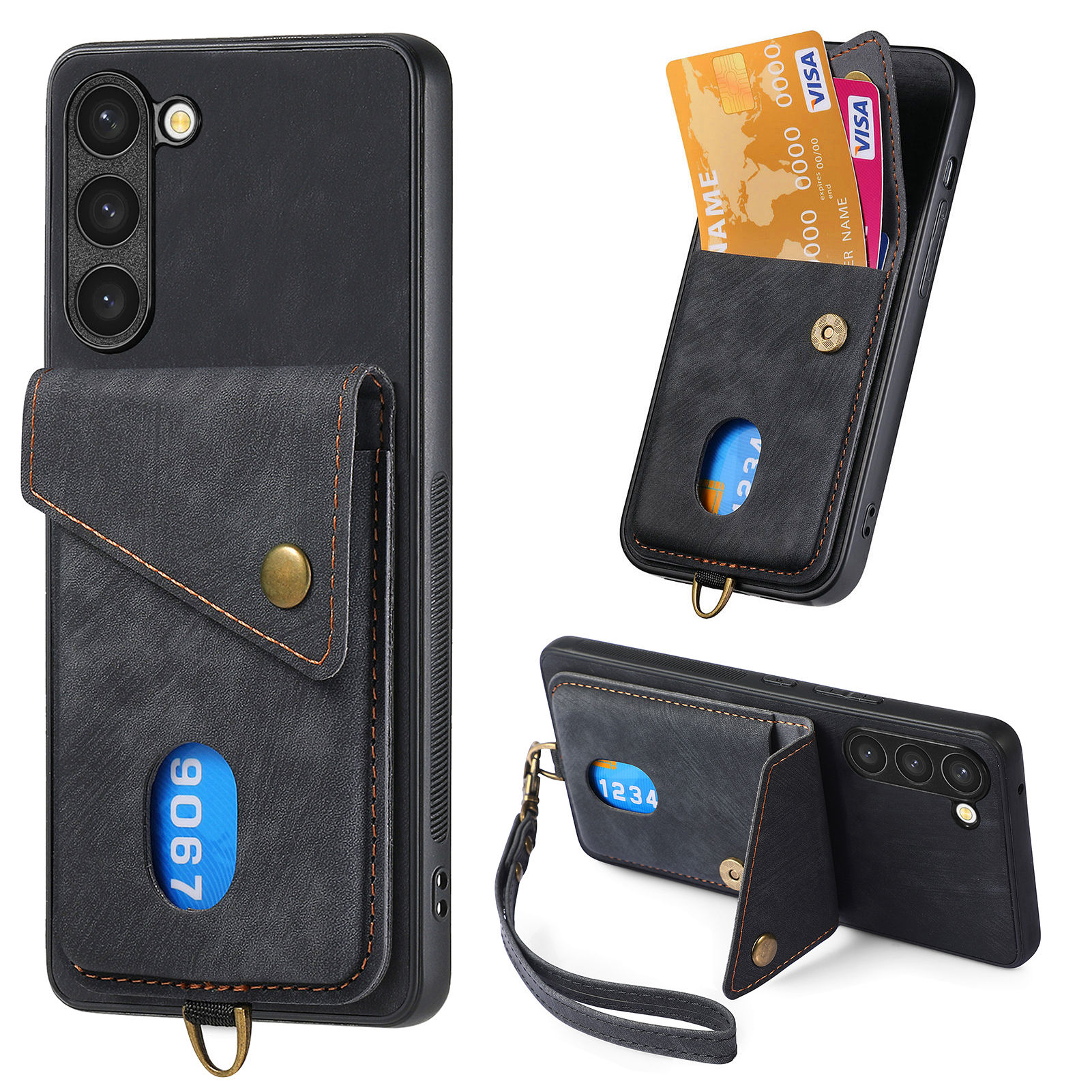 

Lederbeschichtete PC+TPU -hülle Für Samsung Galaxy S23 Kartenhalter Kickstand -telefonabdeckung - Schwarz, Galaxy S23